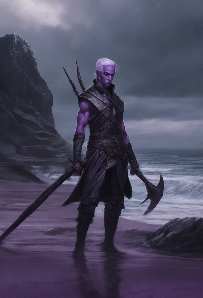 Tiny Dark Elf, purple skin, guy, wicked smile ,deranged look,  Kale  , Holding a staff, in a beachfront environment , storm