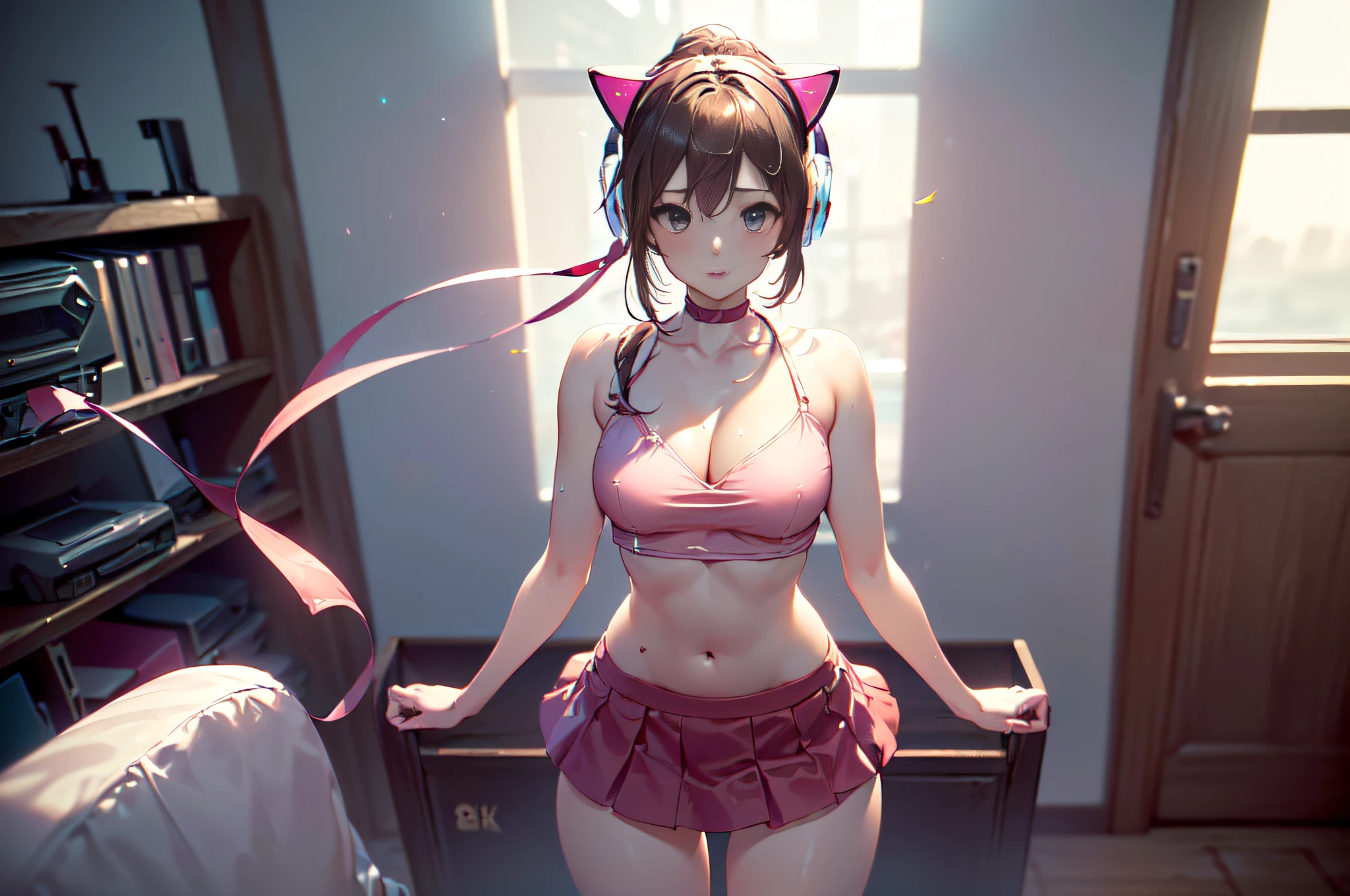 ((vista de espalda, streamers women, pink clothes, pink style room, skirts, kitty headphones, pink neon light, pink colored computers background, solo 2 women, varios traseros, ultra quality. showing off her beautiful body 92 59 90, flirty face, invisible pedestal, fractal isometrics details bioluminescence, high contrast, anatomically correct, (((8k resolution))) , insanely detailed and intricate, hypermaximalist, elegant, hyper realistic, super detailed, Natural Lighting, Crepuscular Rays, smooth texture, 16x anisotropic filtering, ultra texture quality, symmetrical, 50mm f1.4))
