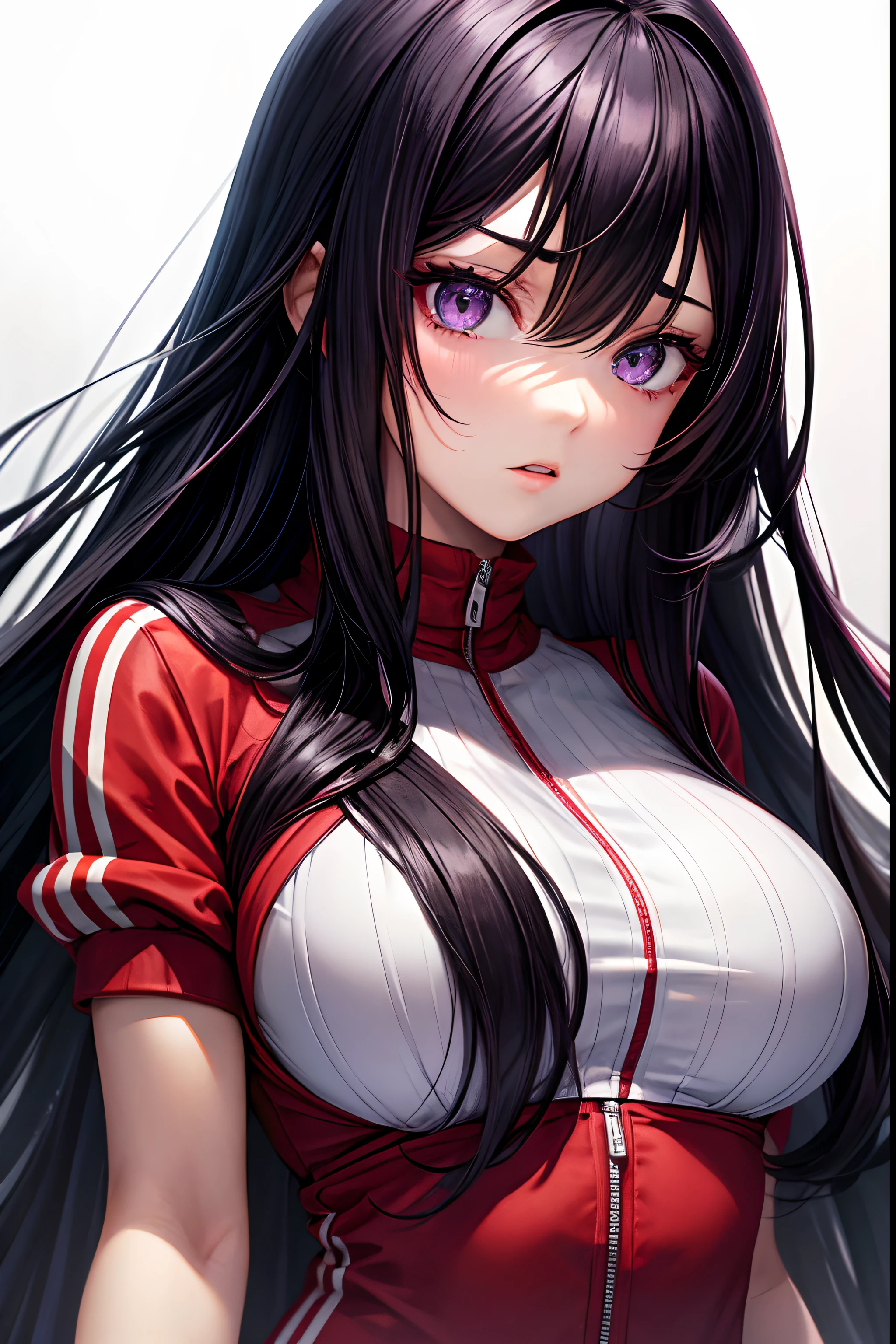 1girl, very long black hair, bangs between eyes, purple eyes, red tracksuit with white stripes, curvy, medium breasts, absurdres, high res, ultrasharp, 8K, looking at viewer (masterpiece), best quality, expressive eyes, perfect face, photorealistic