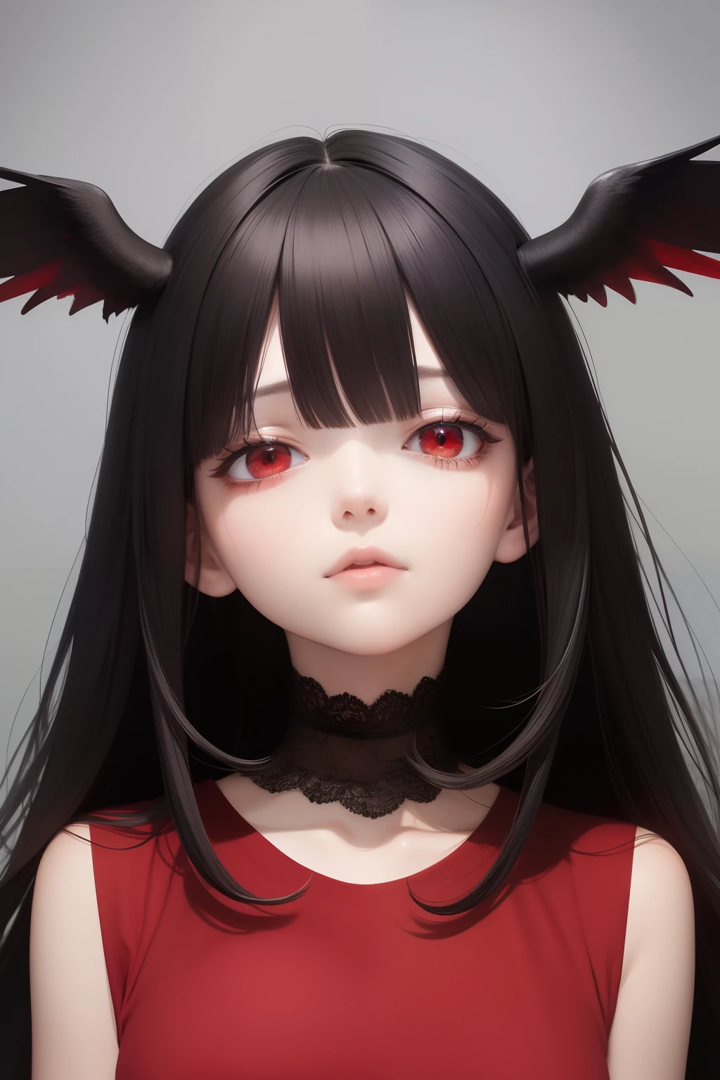 best quality, masterpiece,Black hair, red eyes, looking up, upper body