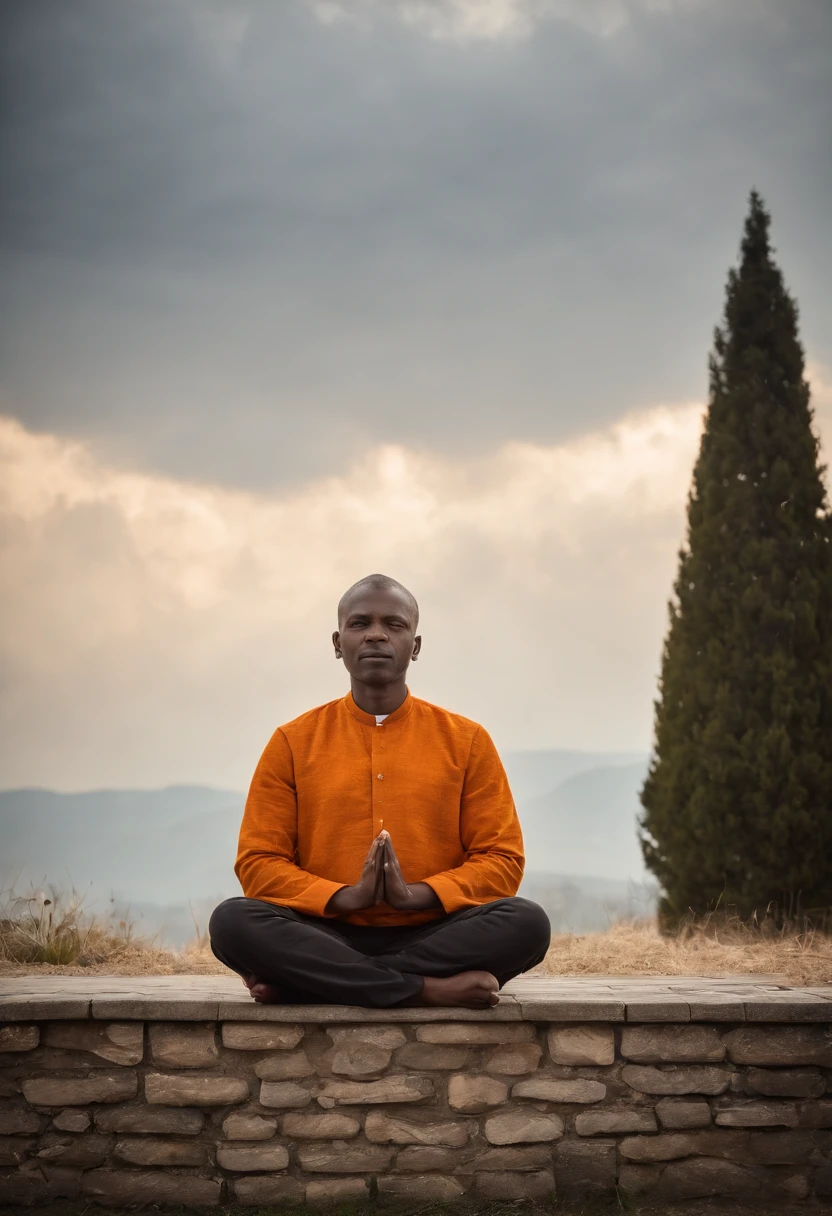 Orange-Gelber hintergrund mit wolken ohne sonne, Black silouette of a man with folded hands sitting in prayer posture.