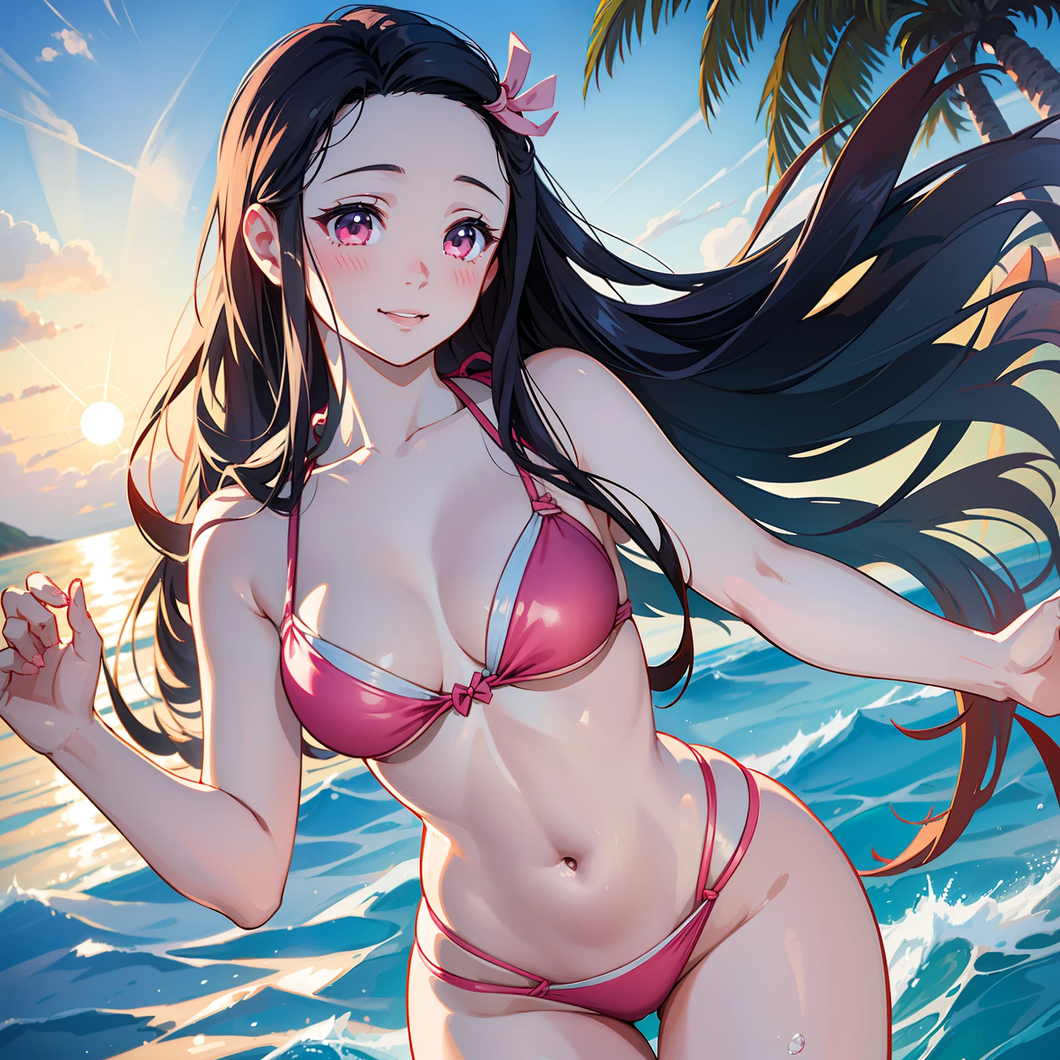 (best quality,4k,8k,highres,masterpiece:1.2),ultra-detailed,(realistic,photorealistic,photo-realistic:1.37),beautiful Nezuko Kamado with stunning eyes in a vibrant Pink bikini,Nezuko Kamado in a lively beach scene with crystal clear water and soft sandy beach,Nezuko Kamado posing gracefully with a serene smile on her face,Nezuko Kamado standing near a beautiful palm tree,Nezuko Kamado standing on a rocky cliff overlooking the vast ocean,Nezuko Kamado surrounded by tropical flowers and plants,Nezuko Kamado's flowing hair dancing in the gentle sea breeze,Nezuko Kamado with a radiant sun setting in the background,Nezuko Kamado's slender figure glowing under the warm sunlight,Nezuko Kamado's delicate skin reflecting the golden rays of the sun,Nezuko Kamado's cute pink bikini contrasting with the vibrant blue of the ocean,Nezuko Kamado's graceful posture accentuating her charm and beauty,Nezuko Kamado's eyes filled with curiosity and joy as she explores the beach,Nezuko Kamado's infectious laughter echoing in the peaceful beach atmosphere,Nezuko Kamado's pink bikini complementing her gentle and elegant personality,Nezuko Kamado exuding confidence and grace as she walks along the shoreline,Nezuko Kamado's bikini showcasing her slender figure and perfect proportions,Nezuko Kamado's beach attire highlighting her strength and femininity,Nezuko Kamado enjoying the warm sand beneath her feet and the soothing sound of waves,Nezuko Kamado's relaxed and carefree expression,Nezuko Kamado radiating happiness and embracing the beauty of nature,Nezuko Kamado's pure and innocent smile capturing the hearts of the viewers,Nezuko Kamado's joyful spirit shining through her eyes,Nezuko Kamado being the epitome of youth and vitality,Nezuko Kamado's presence bringing warmth and joy to the beach,Nezuko Kamado becoming the center of attention with her confidence and elegance,Nezuko Kamado's youthful energy filling the air with excitement and joy,Nezuko Kamado's vibrant personality matching the