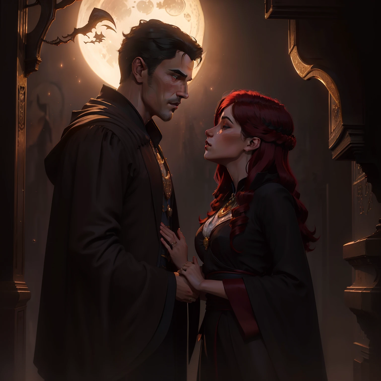 ((Masterpieces)), beste-Qualit, Outstanding illustration, couple kissing, soft focus, 1 mature man with short black hair and long bangs, 1 girl with long RED hair, black robes, black robes, romanticism, romance, Luxurious and sophisticated atmosphere, moon light & Cool lighting, Love, passion, against the background of the moon