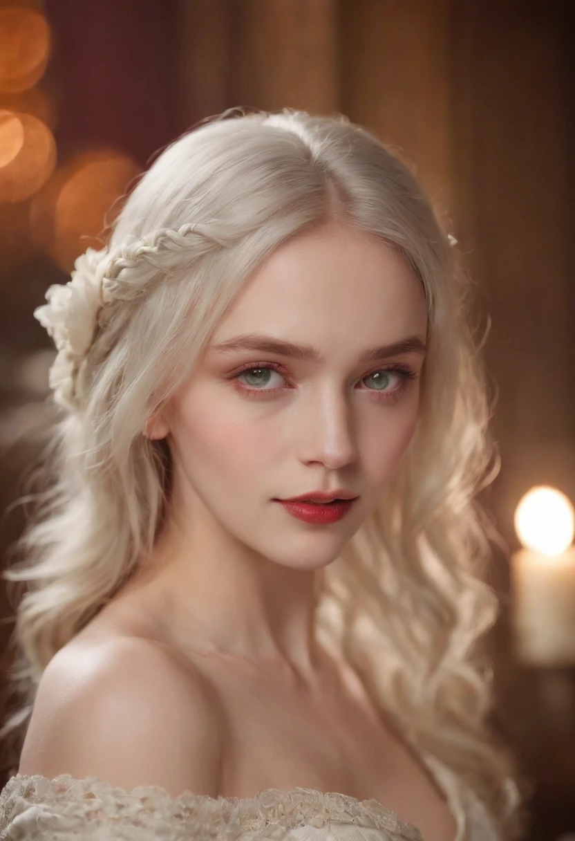 (((a deep reddish wound crosses her left cheek))) fair complexion, woman around 19 years old, natural white hair, distinctive green eyes, wearing none, slender and graceful, beautiful, candlelight in a medieval setting, ultra sharp focus, realistic shot, topless clothing, no clothes, tetradic colors (scar:1.4)