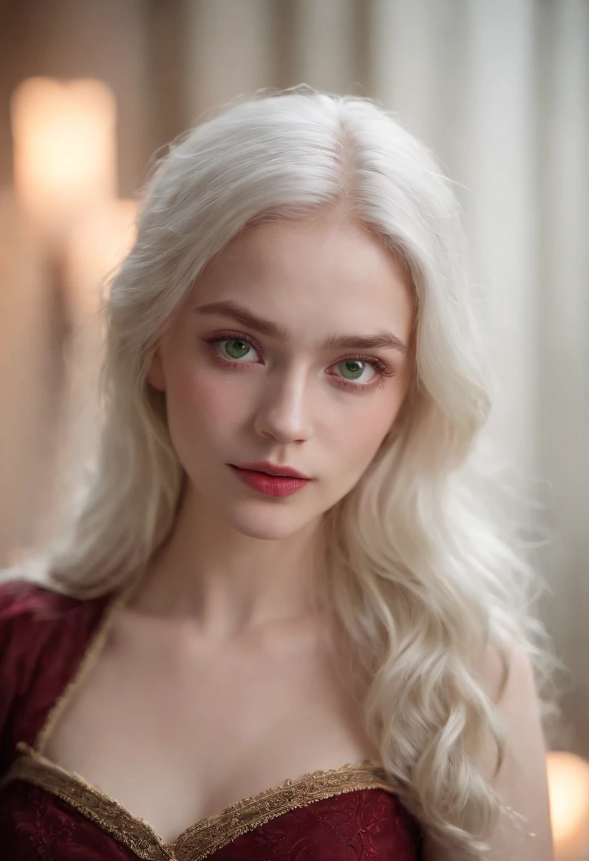 (((a deep reddish wound crosses her left cheek))) fair complexion, woman around 19 years old, natural white hair, distinctive green eyes, wearing none, slender and graceful, beautiful, candlelight in a medieval setting, ultra sharp focus, realistic shot, topless clothing, no clothes, tetradic colors (scar:1.4)