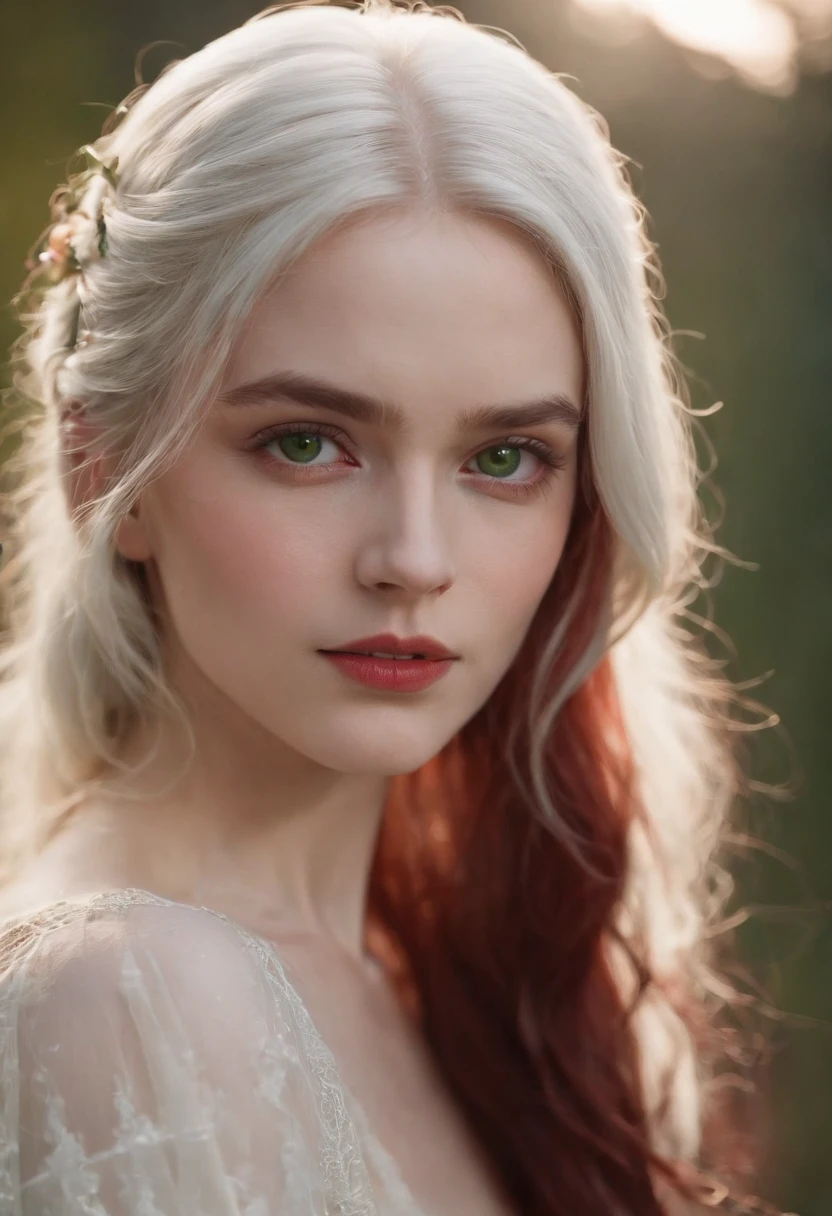 (((a deep reddish wound crosses her left cheek))) fair complexion, woman around 19 years old, natural white hair, distinctive green eyes, wearing none, slender and graceful, beautiful, candlelight in a medieval setting, ultra sharp focus, realistic shot, topless clothing, no clothes, tetradic colors (scar:1.4)