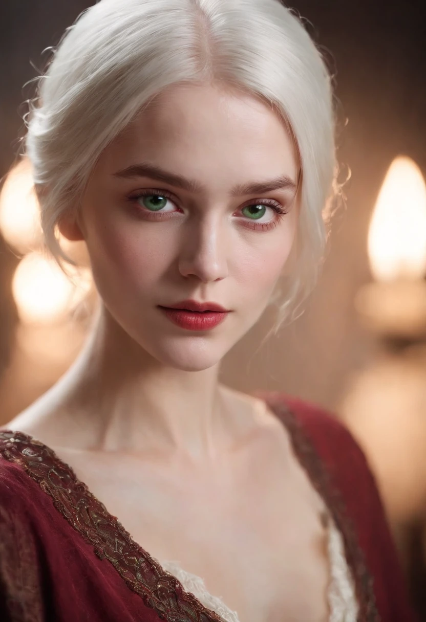 (((a deep reddish wound crosses her left cheek))) fair complexion, woman around 19 years old, natural white hair, distinctive green eyes, wearing none, slender and graceful, beautiful, candlelight in a medieval setting, ultra sharp focus, realistic shot, topless clothing, no clothes, tetradic colors (scar:1.4)
