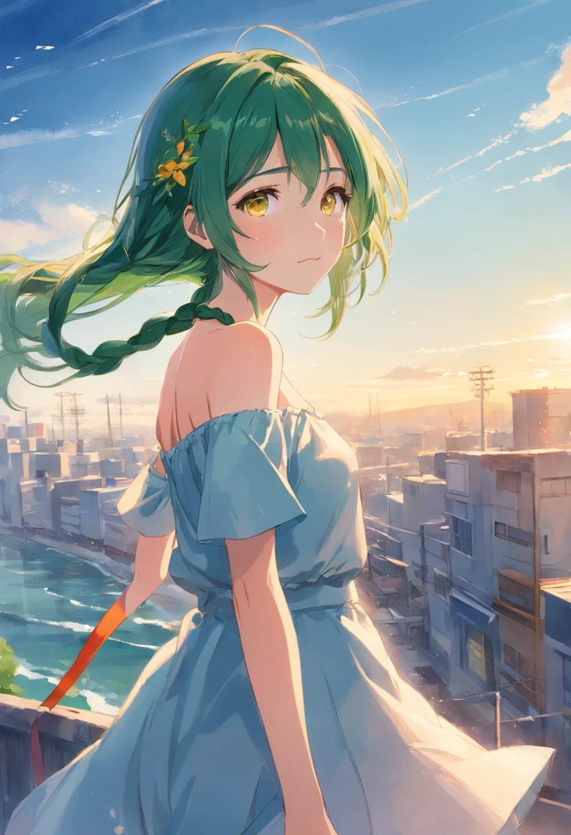 (masterpiece), best quality, extremely detailed, (watercolor), bloom, delicate and beautiful, illustration, (from front),(1girl:1.4), (solo:1.2), off-shoulder dress, bare shoulders, (underboob), beautiful eyes, photography, over-the-shoulder shot, by Alex Maleev, professional, canon camera, nikon camera, sharp, bokeh, studio quality, fisheye lens, by Robert Capa , green hair, braid hair, yellow eyes