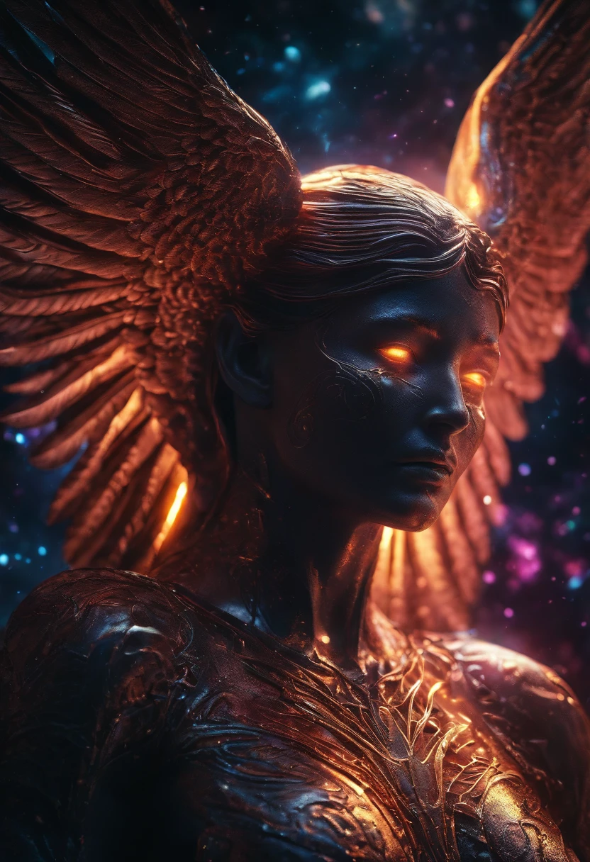 angel in hell，glowing light eyes, Biomechanical, eerie, Creepy, nightmarish, Very bright colors, Light particles, with light glowing, Mshiv, wallpaper art, UHD wallpaper