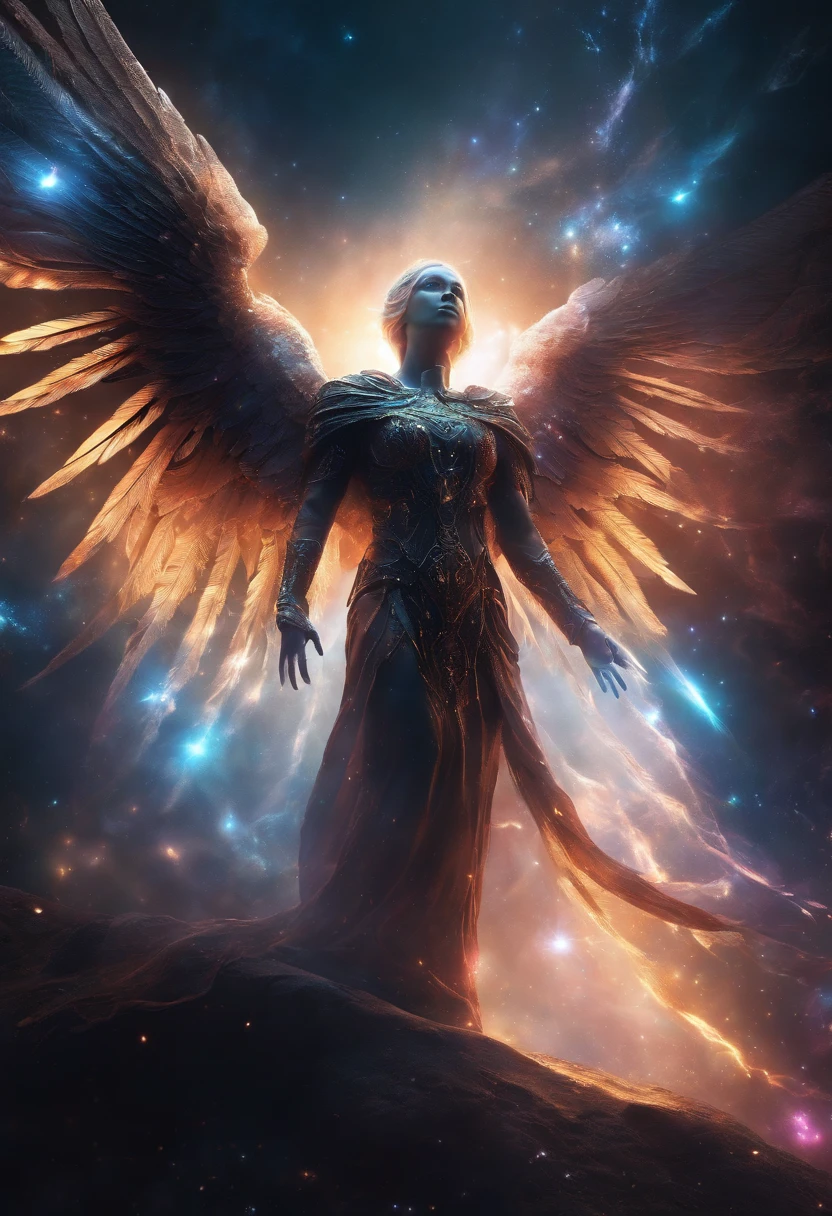 Cosmic Fallen Angel, glowing light eyes, Biomechanical, eerie, Creepy, nightmarish, Very bright colors, Light particles, with light glowing, Mshiff, wallpaper art, UHD wallpaper, nsfw