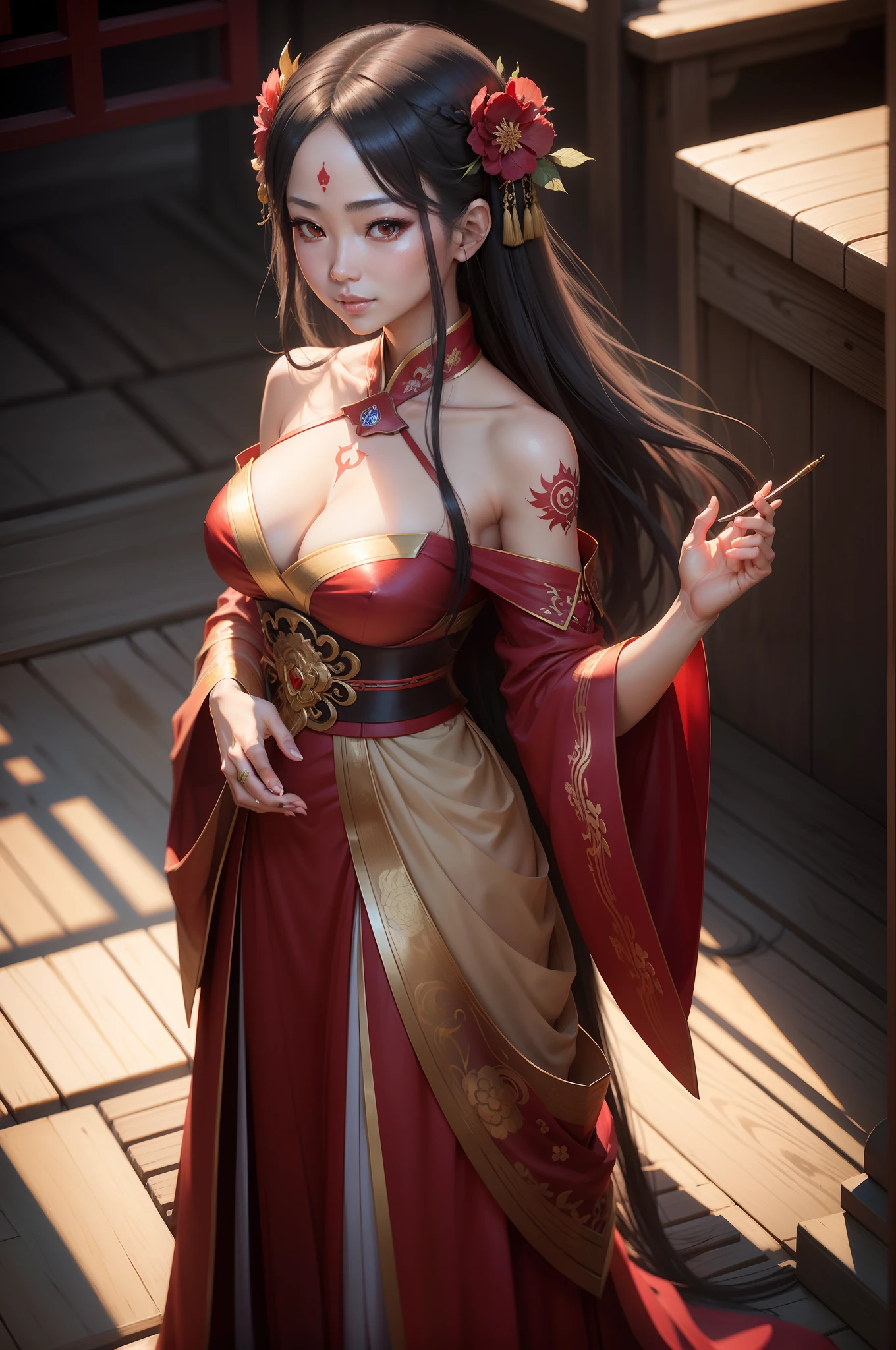 arafed asian woman in a red dress posing for a picture, goddess of Japan, a beautiful fantasy empress, beautiful alluring anime woman, Bunching up long gray hair　Golden eyes　Precise five-finger details　Tattoo on the left chest　a smile　ruan jia and artgerm, very detailed Artgerm, 8k high quality detailed art, palatial palace ， a girl in hanfu, Trending on CGSTATION, Seductive Anime Girl, wlop and ArtGerm