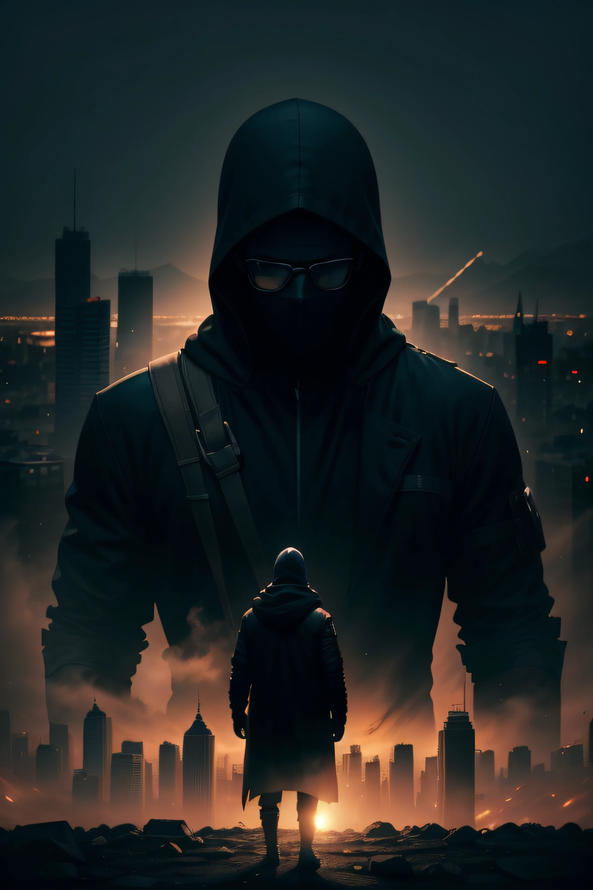 horror, 8k image quality, the hero suffers from a disease caused by daylight, which forces him to wear protective glasses, the silhouette of a man with a hood, full shot, facing the viewer, alone in the frame, super details of the image, surreal, background with the city at night frame from the ground level