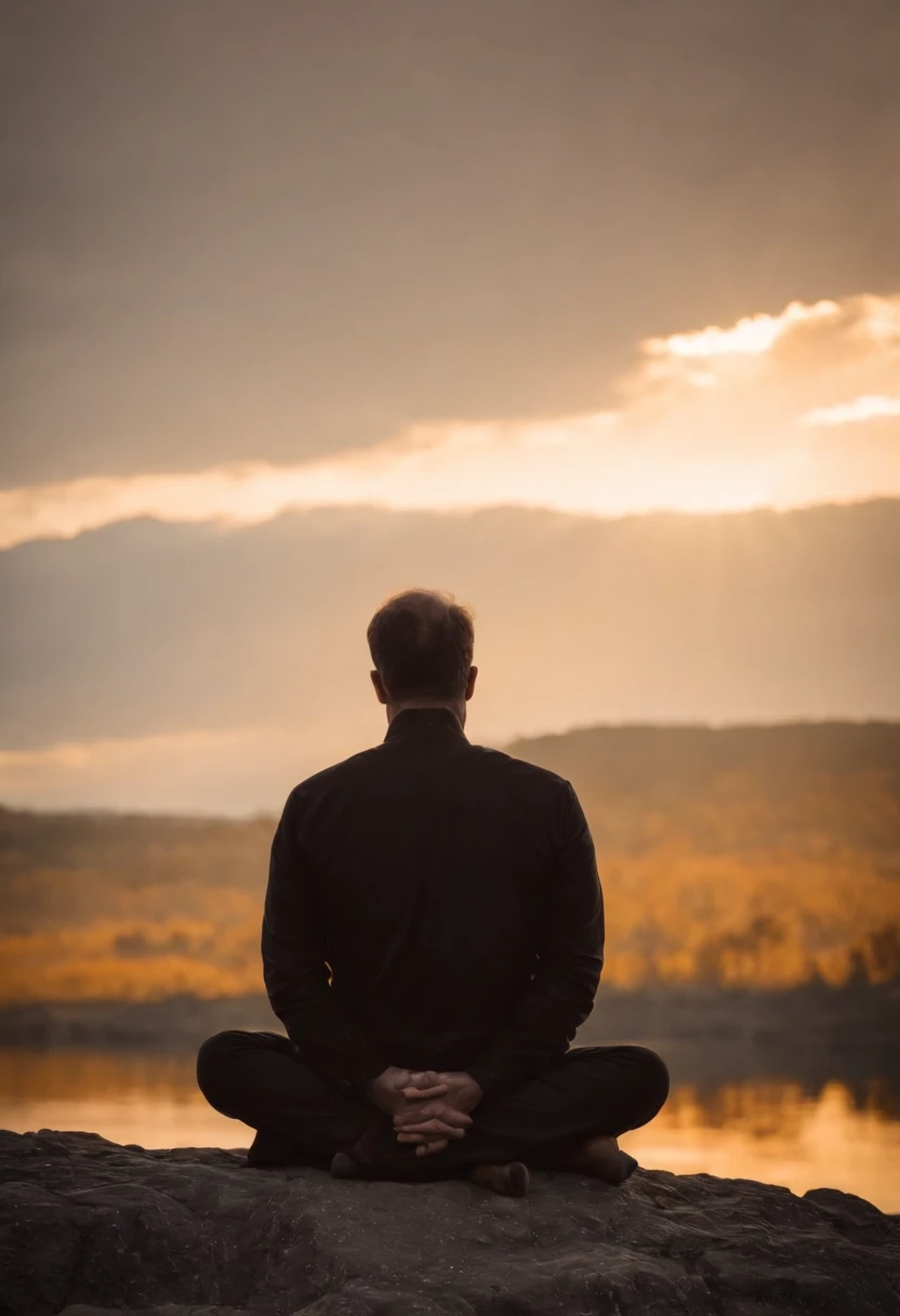 Orange-Gelber hintergrund mit wolken ohne sonne, Black silhouette of a man with folded hands sitting in prayer posture.