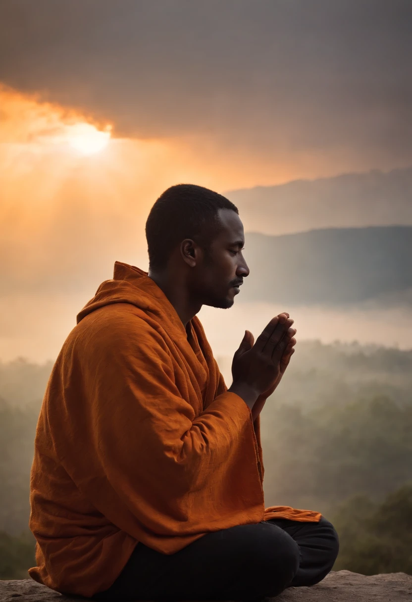Orange-Gelber hintergrund mit wolken ohne sonne, Black silhouette of a man with folded hands sitting in prayer posture.