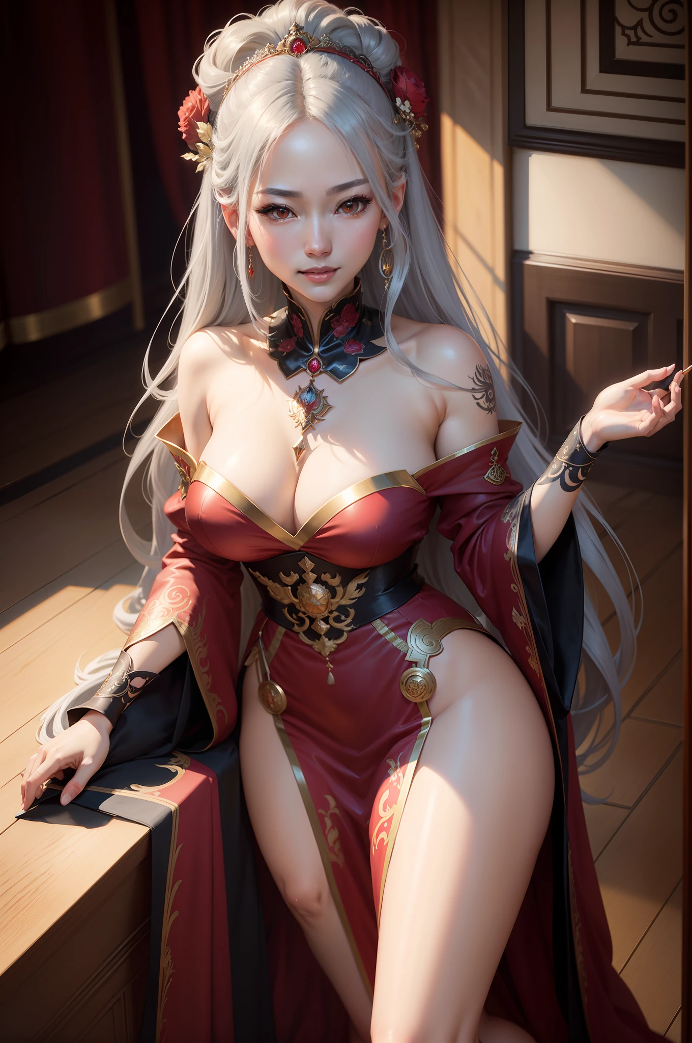 8K,Ala Fed gray haired asian woman in red dress poses for photo, goddess of Japan, a beautiful fantasy empress, beautiful alluring anime woman, Bunching up long gray hair　Golden eyes　Precise five-finger details　Tattoo on the left chest　Black hair ornament　a smile　A hyper-realistic　real looking skin　ruan jia and artgerm, very detailed Artgerm, 8k high quality detailed art, palatial palace ，Beautiful expression　超A high resolution, Trending on CGSTATION, Seductive Anime Girl, wlop and ArtGerm