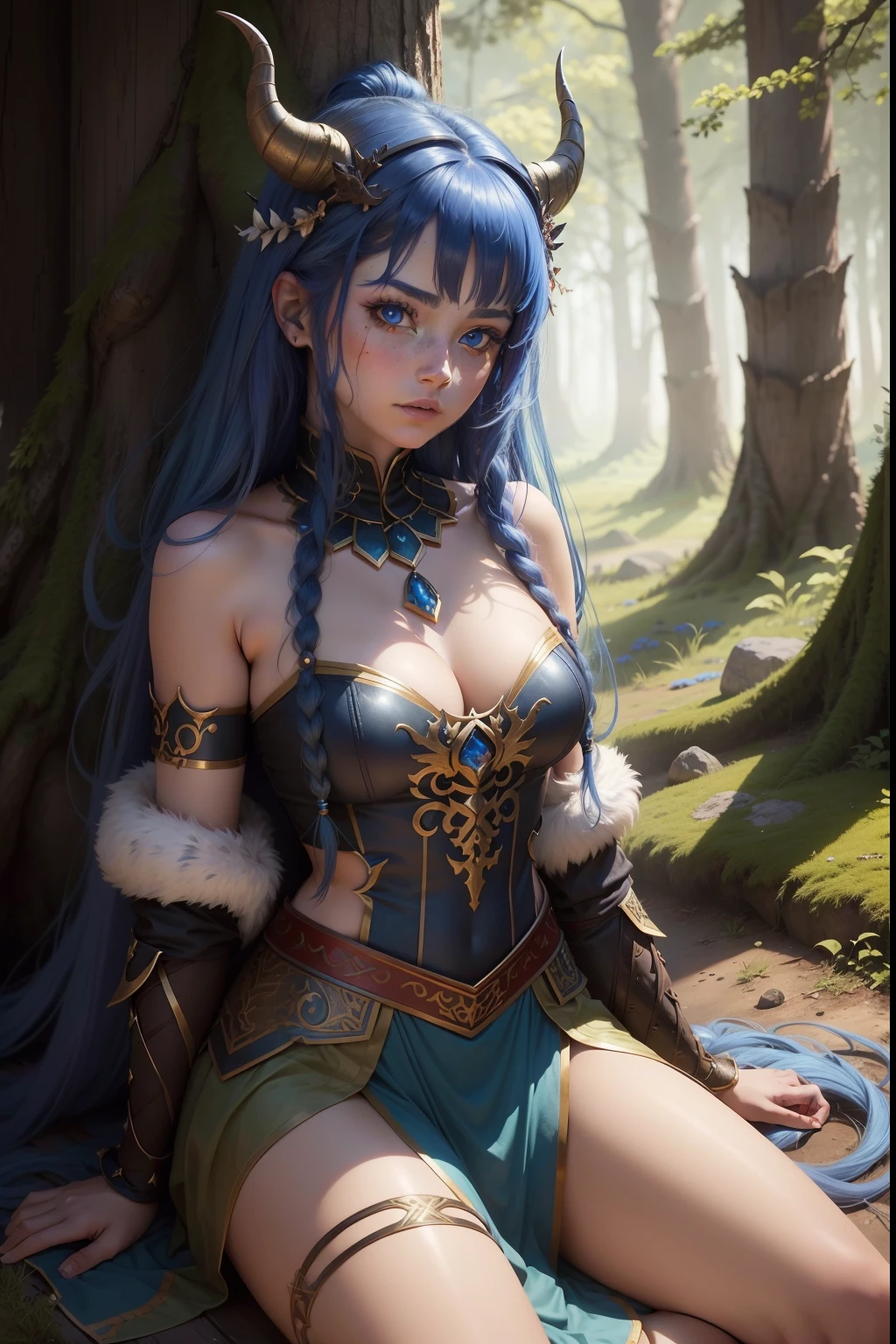 A beautiful and warrior girl with beautiful horns, who wears beautiful clothes of almost red skin native to magical forests, and her hair is phosphor blue color with all
