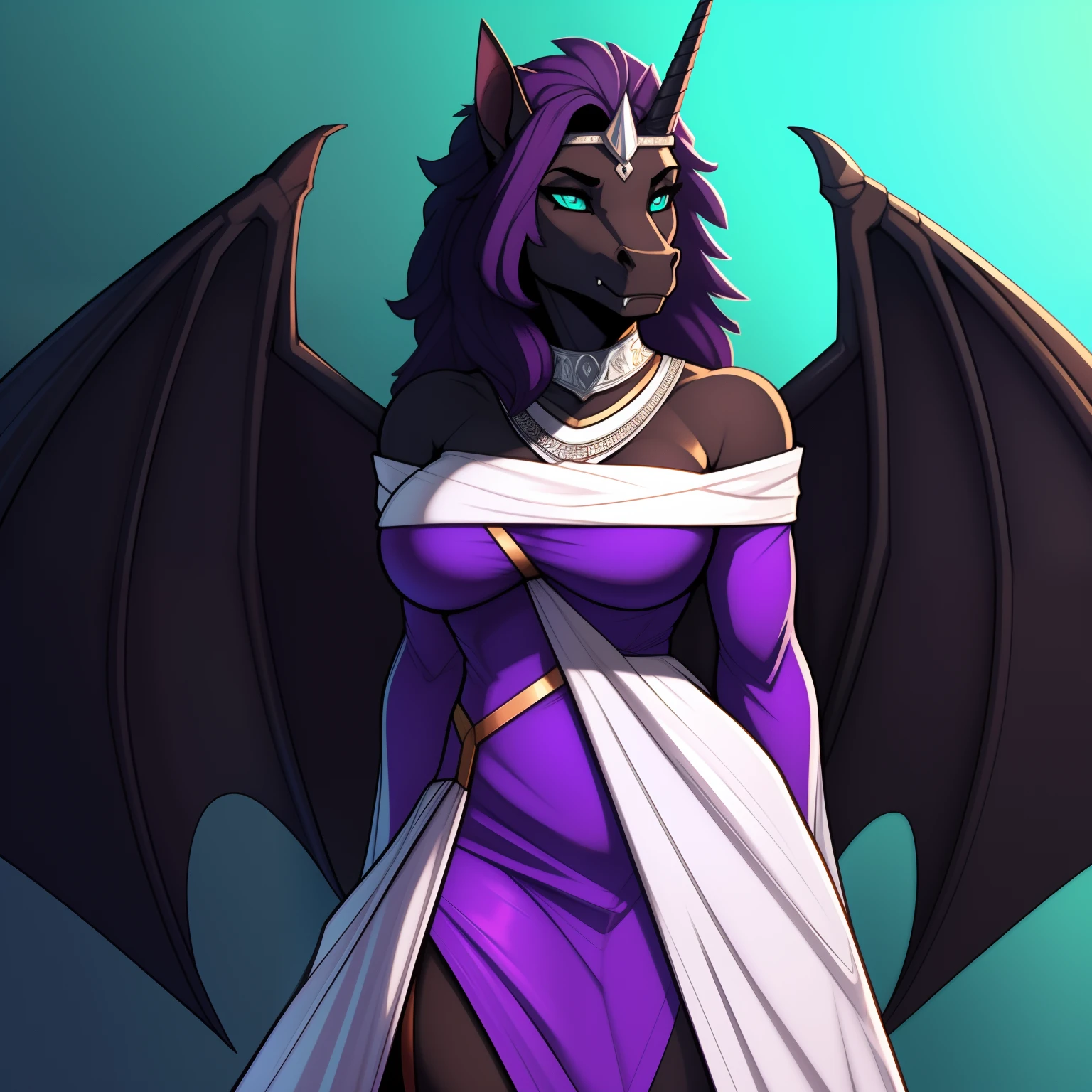 Tall_lanky_muscular_unicorn_with_black_horn full_breasts female dark_purple_mane black_furry_body teal_eyes slit_pupils solo Masterpiece best_quality absurdres highly_detailed medieval_gown silver_gorget silver_circlet silver_bracers cleanly_drawn_eyes fangs bat_wings purple_eyeshadow starry_mane horse_snout anthro_only by_claweddrip, by_greasymojo, by_underscore-b, by_runawaystride