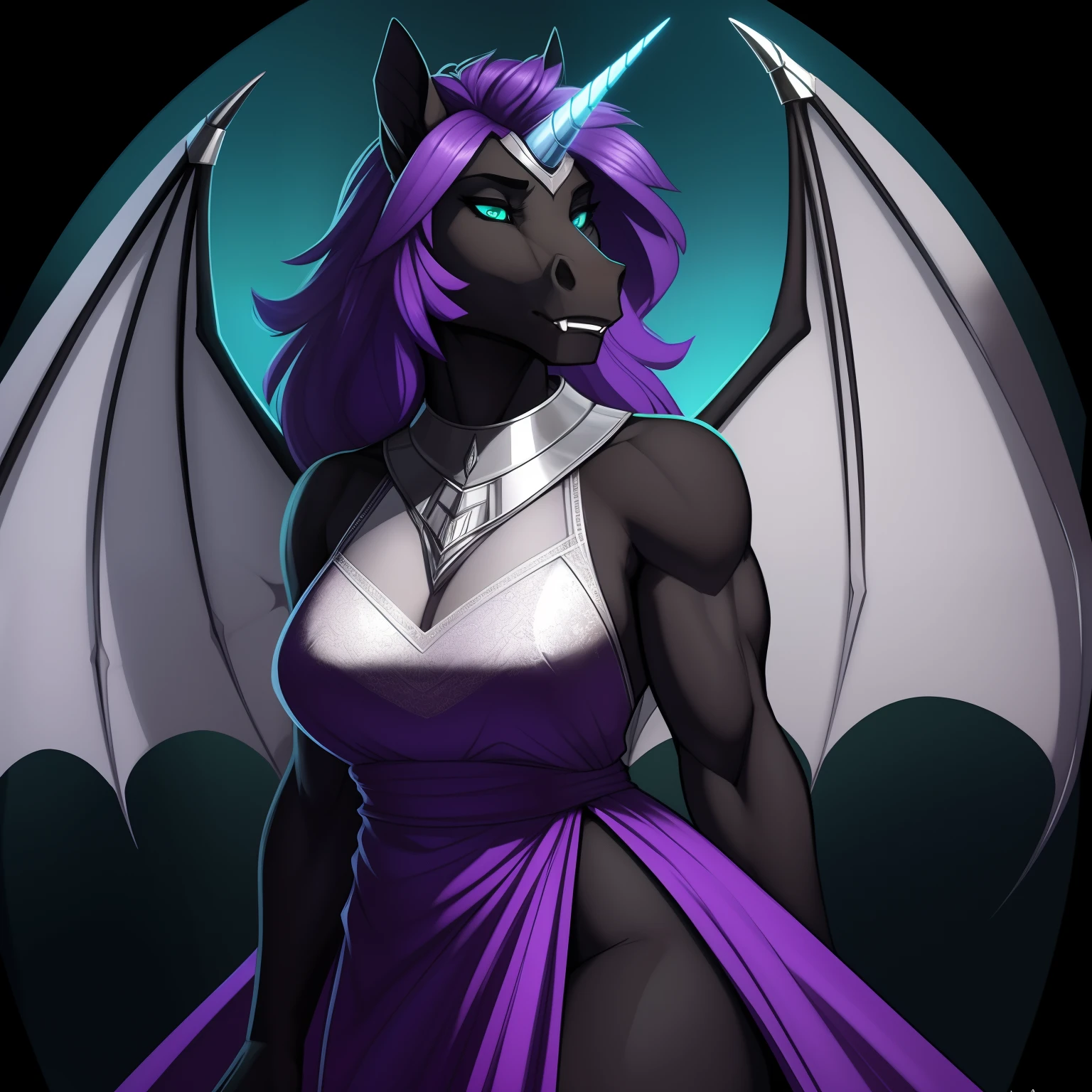 Alicorn princess and Adagio Dazzle , white mane,black sclera ,black body color long flowing mane pink eyes anthro huge breasts