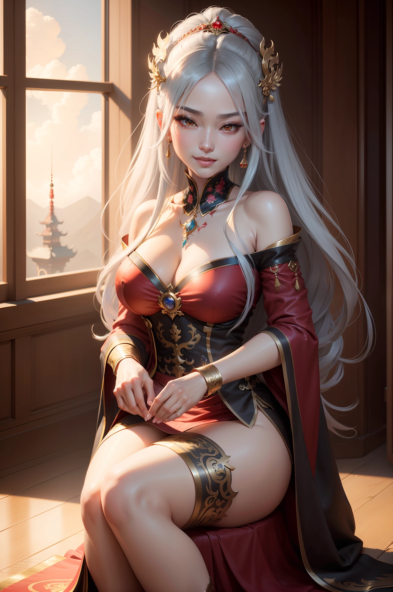 8K,Ala Fed gray haired asian woman in red dress poses for photo, goddess of Japan, a beautiful fantasy empress, Beautiful attractive anime woman, Bunching up long gray hair Golden eyes Precise five-finger details Tattoo on the left chest Black hair ornament a smile A hyper-realistic real looking skin ruan jia and artgerm, very detailed Artgerm, 8k high quality detailed art, palatial palace ,Beautiful expression 超A high resolution, Trending on CGSTATION, seductive anime, wlop and ArtGerm