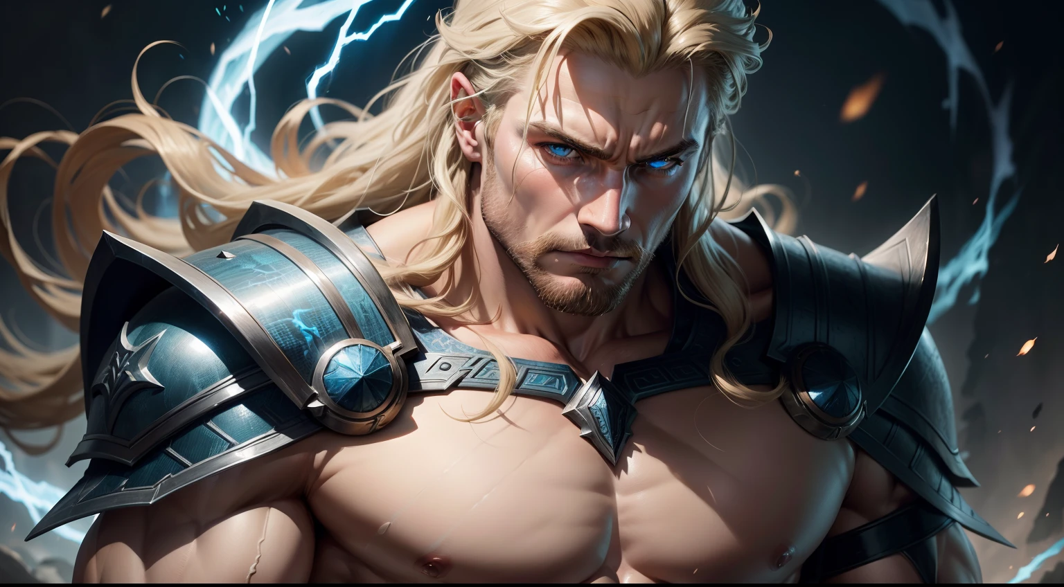 THOR the Norse god of thunder and strength, emanates power and masculinity in a mesmerizing hyper-realistic depiction. Fotografia ultra realista. 12k resolution. Uplighting: baixa luz. Estilo: Realismo Antigo. Tipo de cor: Shades of blue and with flames of fire and thunder. Camera shot: heroic pose. camera lens: 70mm. His sculpted physique, Defined muscles, and radiant complexion are rendered with meticulous detail. Intense blue eyes maintain a fierce determination, reflecting her unwavering resolve. Fluttering locks of blonde hair, em cascata sobre ombros largos. Vestido com armadura majestosa e empunhando o poderoso Mjolnir. The hyper-realistic portrait captures the intricate textures of his armor and the subtle nuances of his expression, evoking a sense of wonder and reverence for this god of thunder.