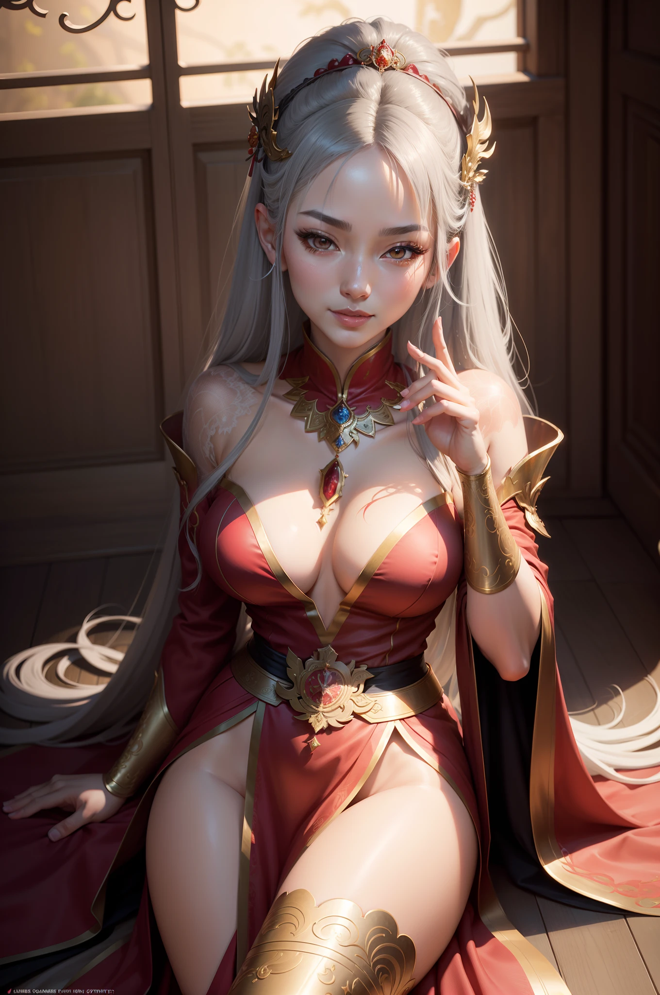 8K,Ala Fed gray haired asian woman in red dress poses for photo, goddess of Japan, a beautiful fantasy empress, Beautiful attractive anime woman, Bunching up long gray hair Golden eyes Precise five-finger details Tattoo on the left chest Black hair ornament a smile A hyper-realistic real looking skin ruan jia and artgerm, very detailed Artgerm, 8k high quality detailed art, palatial palace ,Beautiful expression 超A high resolution, Trending on CGSTATION, seductive anime, wlop and ArtGerm