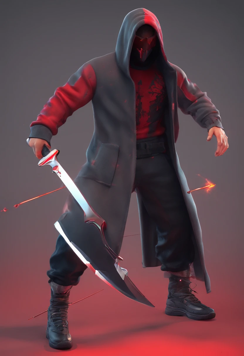 Silver Haired 18y old male with hoodie on and hood on head with red eyes and antifog mask. Hoodie is black with blood on it. He has knife in his hand