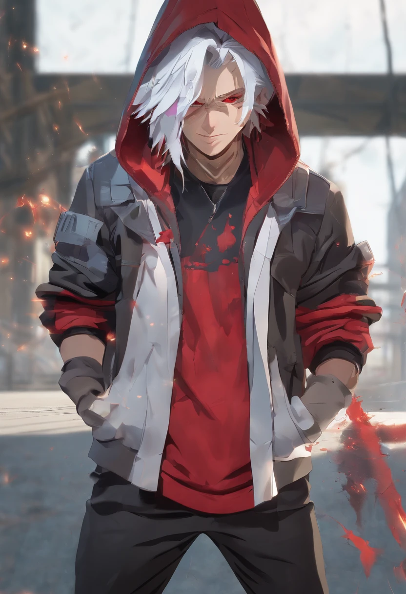 Silver Haired 18y old male with hoodie on and hood on head with red eyes and antifog mask. Hoodie is black with blood on it. He has knife in his hand