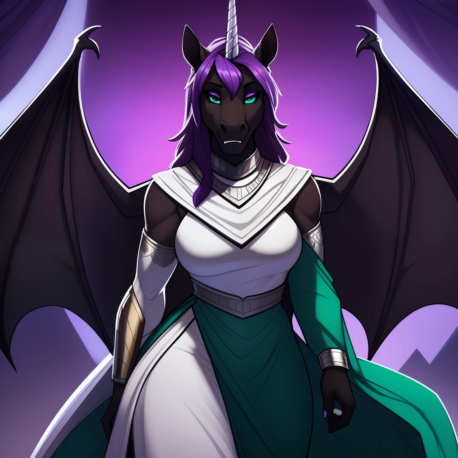 Tall_lithe_muscular_mature_unicorn female dark_purple_mane wavy_mane black_furry_body teal_eyes slit_pupils majestic solo Masterpiece best_quality absurdres highly_detailed gown_with_silver_trim silver_circlet silver_gorget cleanly_drawn_eyes fangs bat_wings purple_eyeshadow horse_snout anthro_only by_claweddrip, by_greasymojo, by_underscore-b, by_runawaystride