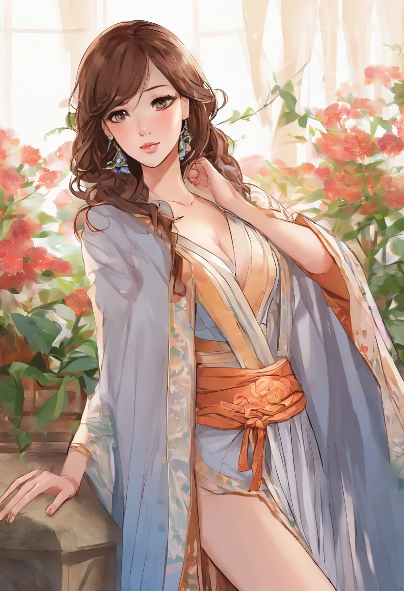 (1girl), (masterpiece:1.2, best quality, high quality, extremely detailed, hyperrealistic, CG, unity, 4k), (illustration: 1.0), beautiful martial artist girl, perfect face, (thick tights, shapely butt, wide hips)), bright eyes, brown eyes, brown hair, large_ass, looking at viewer, navel, chinese blue robe, revealing clothes, lustful heavy breathing, narrow waist, wet neckline,