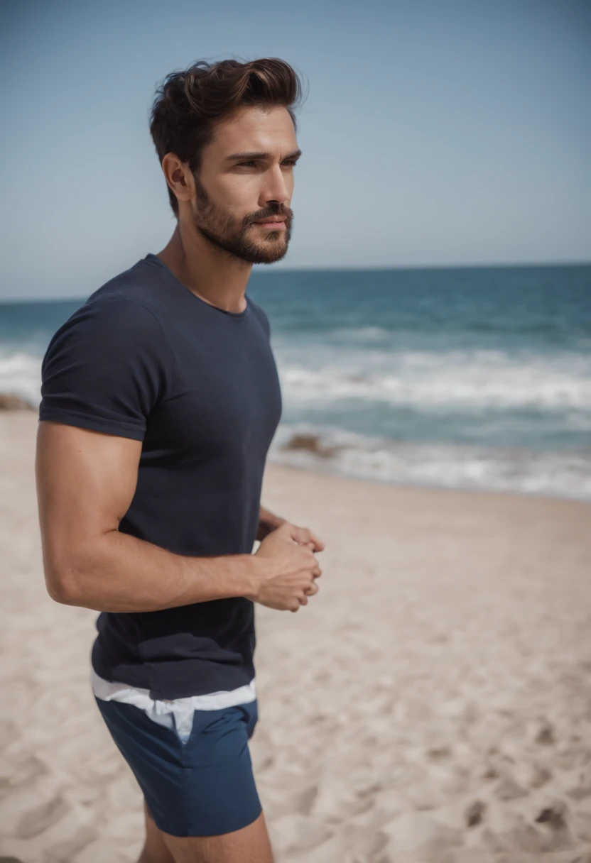Homem lindo de terno , barba linda , homem sexy executivo, terno preto, beach, shorts, blue