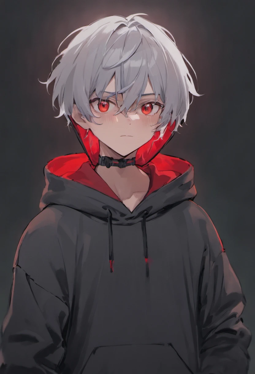 Silver Haired 18y old male with hoodie on and hood on head with red eyes and antifog mask. Hoodie is black with blood on it. He has knife in his hand
