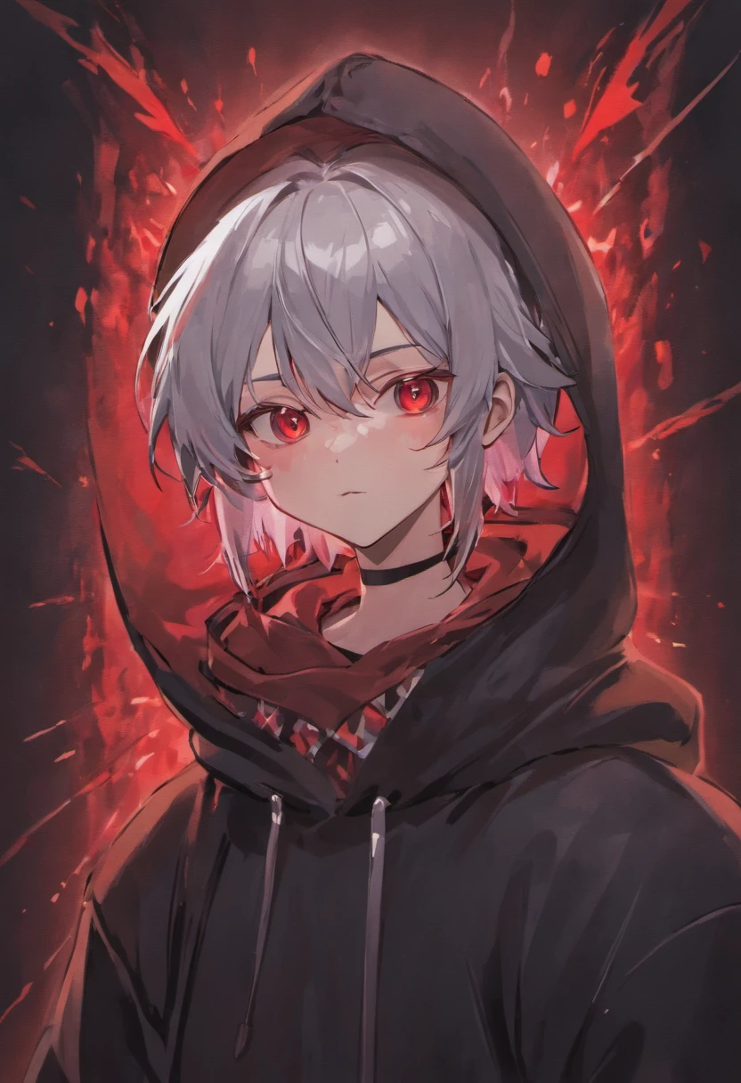 Silver Haired 18y old male with hoodie on and hood on head with red eyes and antifog mask. Hoodie is black with blood on it. He has knife in his hand