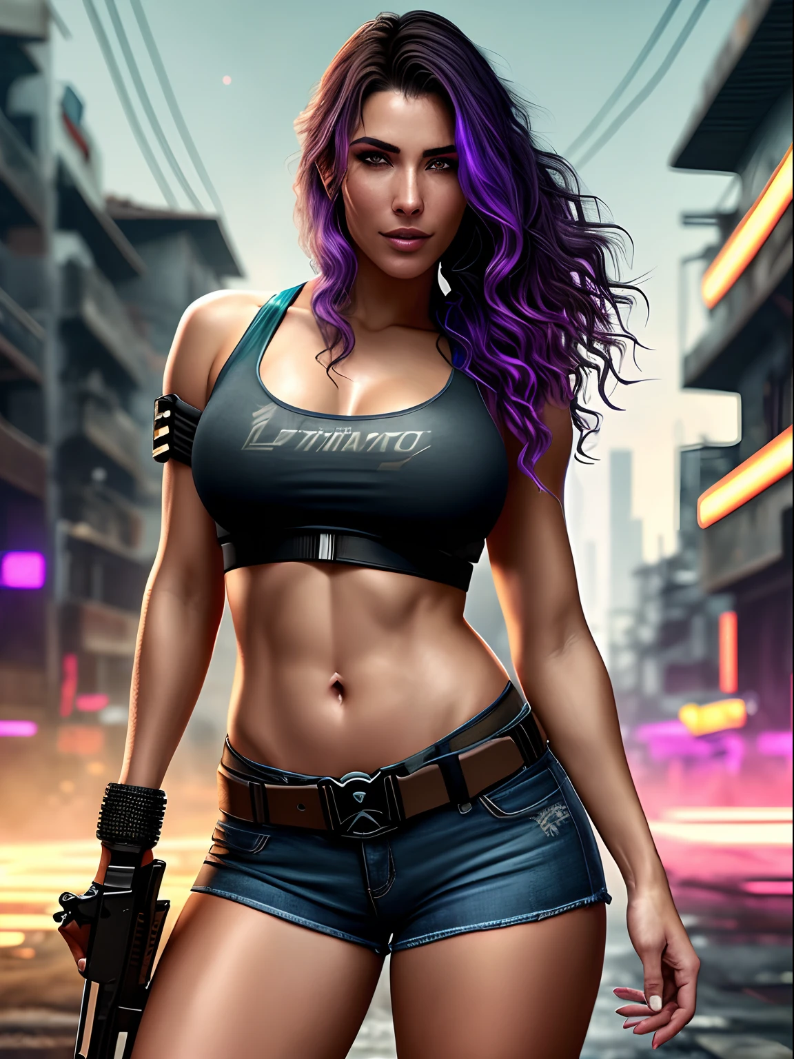 Beautiful woman with wavy hair Detailed attractive eyes Long, sexy legs between thighs wearing tiny shorts T-shirt with a shotgun in one hand and a sword in the other in the beautiful futuristic cyberpunk city +, mistborn, molhado, chovendo, obra-prima de melhor qualidade, fotorrealista, detalhado, 8k, HDR, profundidade de campo rasa, luz ampla, alta contraste, luz de fundo, flor, brilhos de luz, chromatic aberration, foco nítido, foto colorida RAW, wallpaper 1920x1080 px