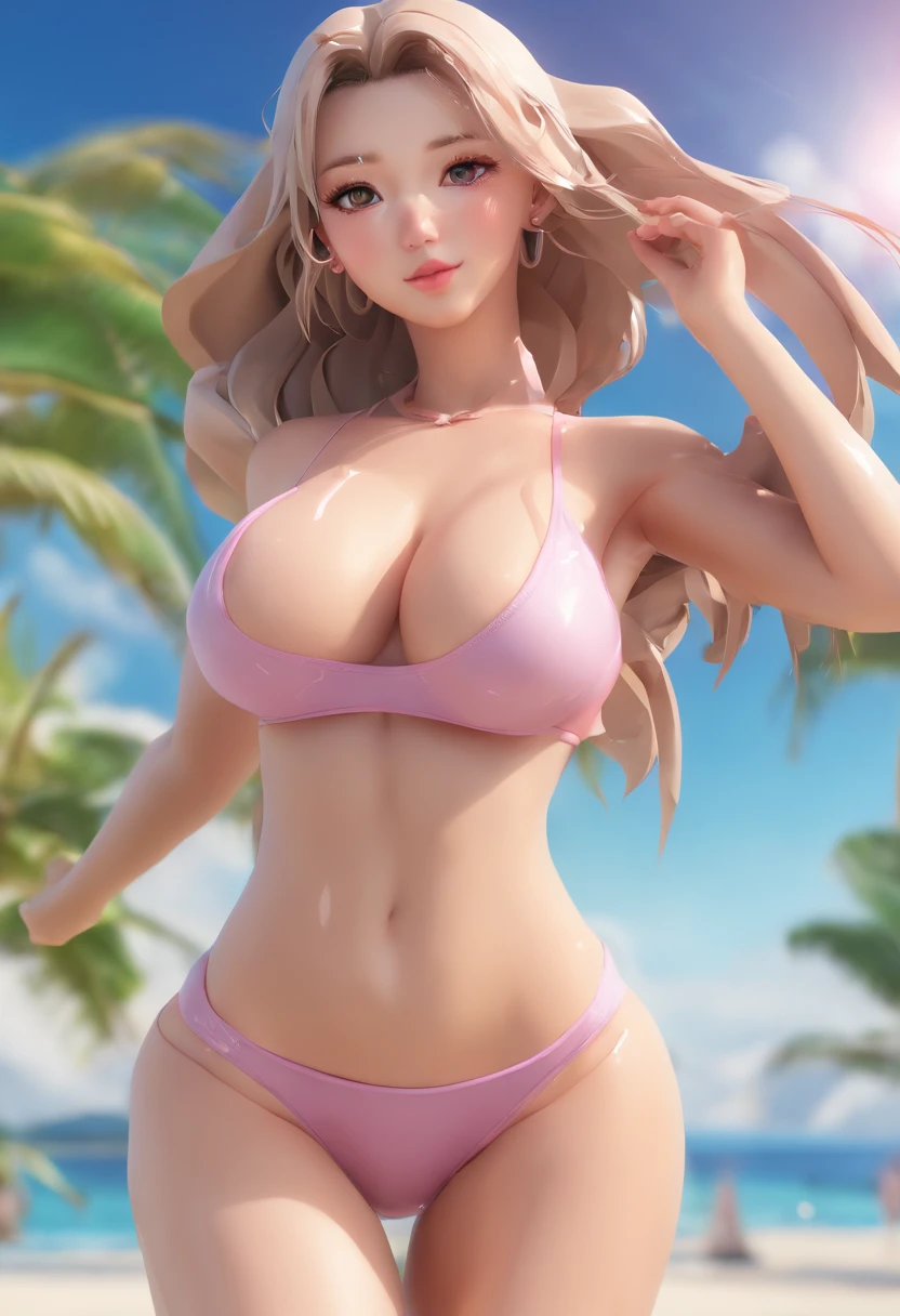 masterpiece, photo of makioze with large breasts and a huge ass and wearing a bikini doing squats on a beach with sunny weather, (wet skin and hair:1.5), (light skin), (sweating) ,(beautiful scenery),(perfect face), masterpiece, blush, 1girl, solo, smooth anime cg art.