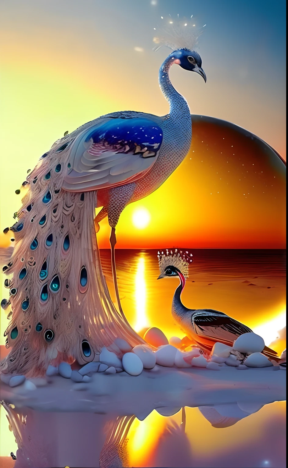 peacocks are standing on a beach with a sunset in the background, beautiful animal pearl queen, beautiful image ever created, beautiful and graceful, a surrealistic bird, masterful intricate artwork, beautiful and elegant, surrealistic bird, peacock in the desert, beautiful digital art, incredibly beautiful, very beautiful photo, wow it is beautiful, awesome greate composition