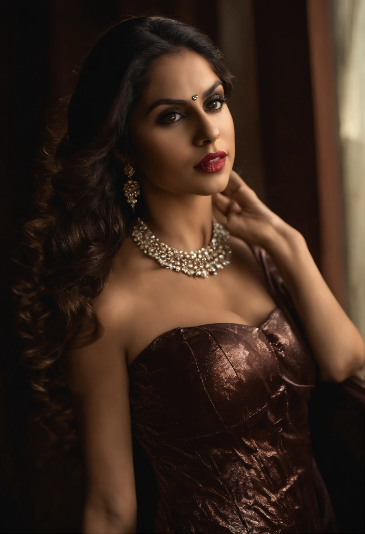 mujer vientre plano cabello largo recogido, (Indian girl),beauty, indian, beautiful sexy women, , extremely detailed , jaw-dropping beauty, big boobs deep cleavage sexy , big boobs deep cleavage, sexy indian women, massive boobs in , high quality raw photo, excellent composition, Front View, Full Body, Head to Feet, Photoshoot, Bombshell, scary vampire girl, black magic, Wet Shakira, Mature Old Aged Stunning Elder Singer Shakira in Lipstick ,((Wearing Tight Slim Super Long Deep Chocolate Brown Shiny Metallic Vampire Latex Mermaid Long Gown ))(cinematic lighting, cinematic colors, masterpiece, high detailed, best quality, photorealistic, ultra realistic, 8k hdr:1.2