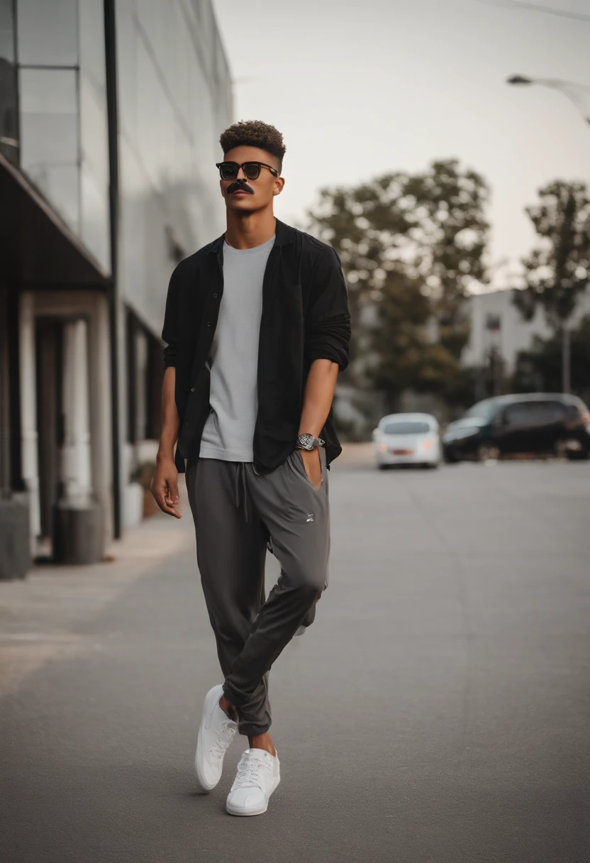 man, honey skin tone, skinny athlete physique, black slim fit shirt, baggy grey pants, black and white basketball shoes, medium size glasses, little mustache, military haircut, brown eyes, black bracelet, holding basketball, wearing a dark grey backpack, ager