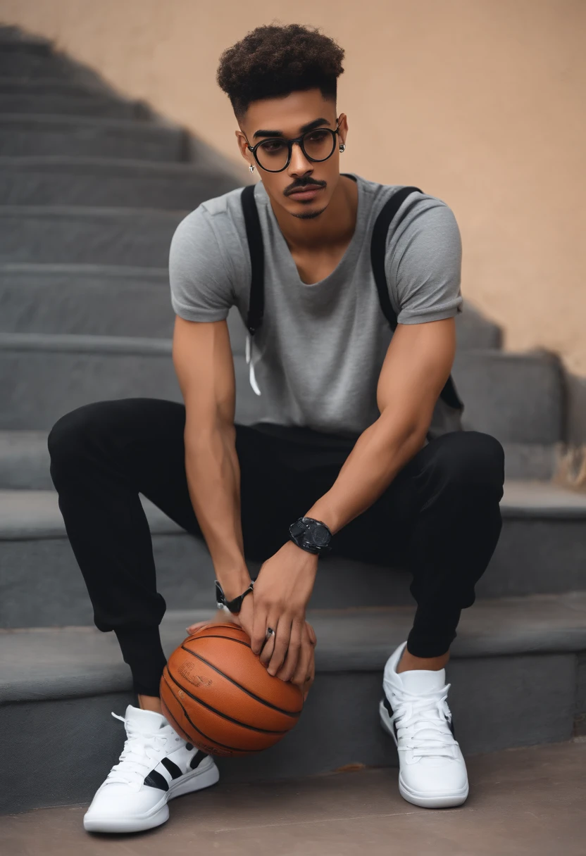 man, honey skin tone, skinny athlete physique, black slim fit shirt, baggy grey pants, black and white basketball shoes, medium size glasses, little mustache, military haircut, brown eyes, black bracelet, holding basketball, wearing a dark grey backpack, teenager