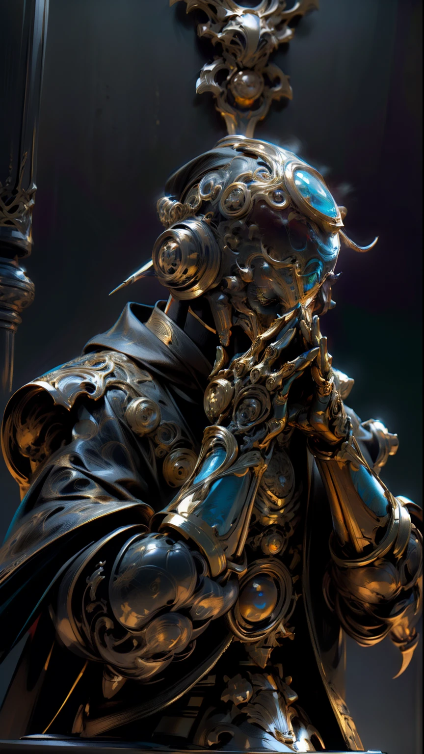 Full mechanical cybernetic, (1male), (no hair), (no mouth), devoid of lips, wearing a black robe, accurate full mech facial anatomy, portrait, praying pose, false prophet, cult leader, eerie, comic, surreal, futuristic, best quality, masterpiece, intricate details, mechanical face, having no mouth, techpriest, lacking mouth, masculine,