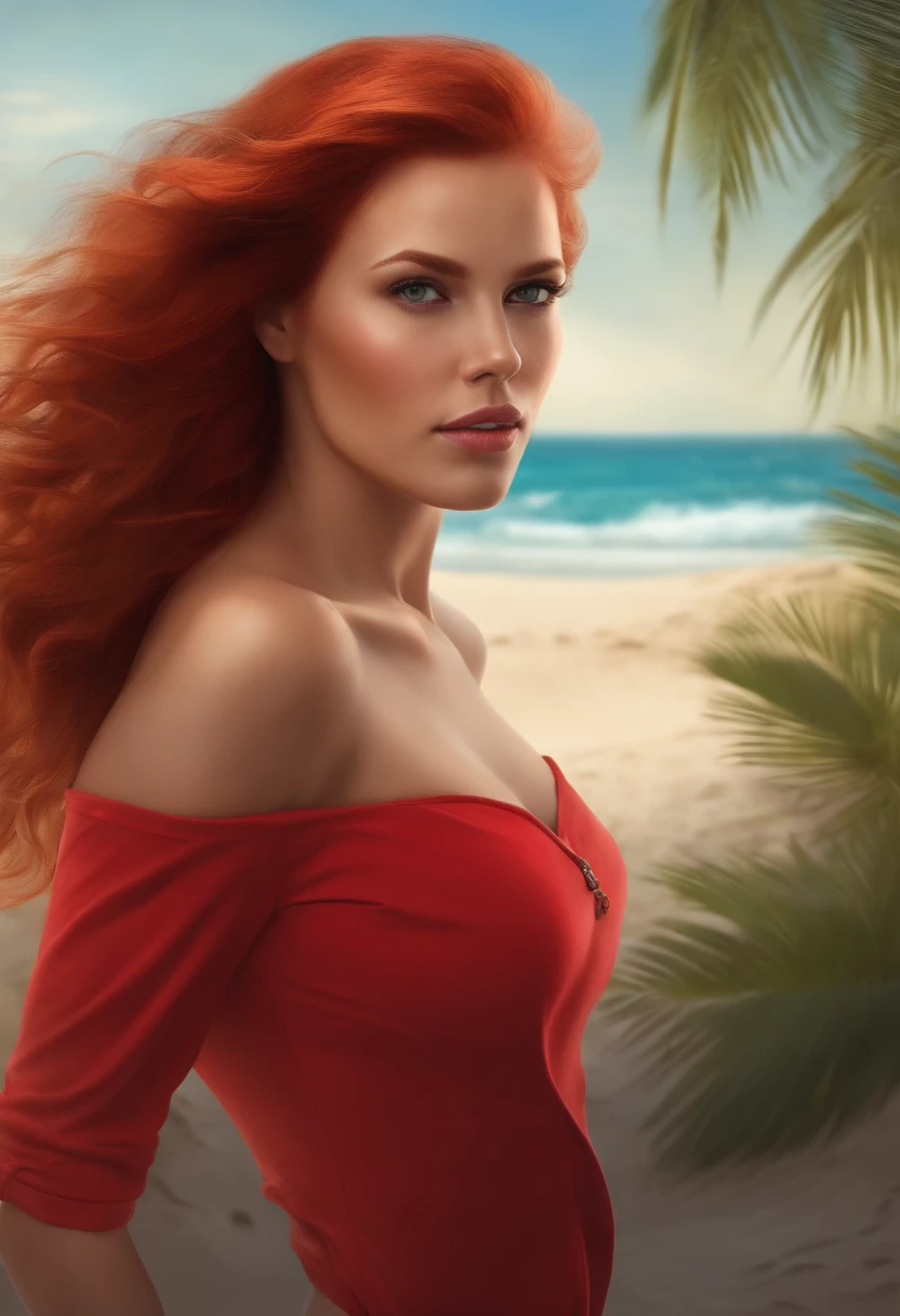 picture of a beautiful young red haired woman in a black bikini sitting on a beach, detailed lips, detailed green eyes, caucasian woman, american woman, massive overflowing breasts, beautiful portrait, Sunrise, pink sky, blue sea, marin kitagawa fanart, seductive girl, thicc, she has a jiggly fat butt, massively heavy breasts, cutesexyrobutts, beautiful alluring woman, (Masterpiece, Top Quality, 8k, dynamic)