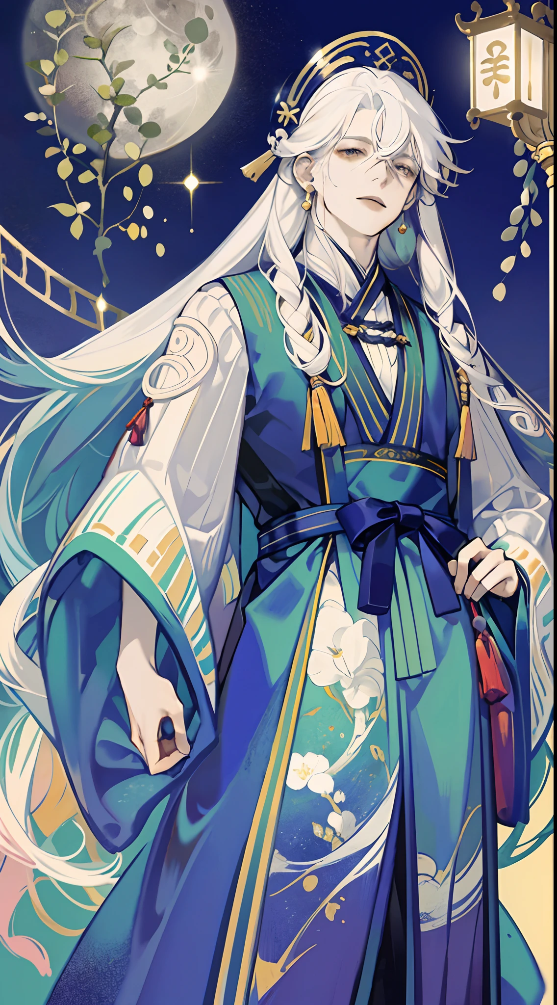 The male,Male,White Hanfu,long white hair,Long flowing hair,Wide robe with large sleeves,Ancient wind,Solid color clothes,The clothes do not have any patterns,laughingly,softlighting,water ink,Behind it is the full moon,low-saturation,low-contrast,led floodlights