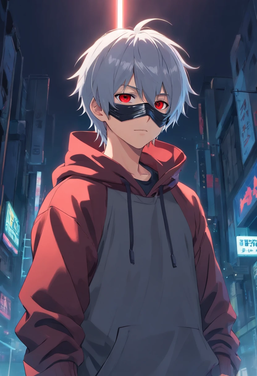 Silver Haired 18y old male with hoodie on and hood on head with red eyes and antifog mask. Hoodie is black with blood on it. He has knife in his hand