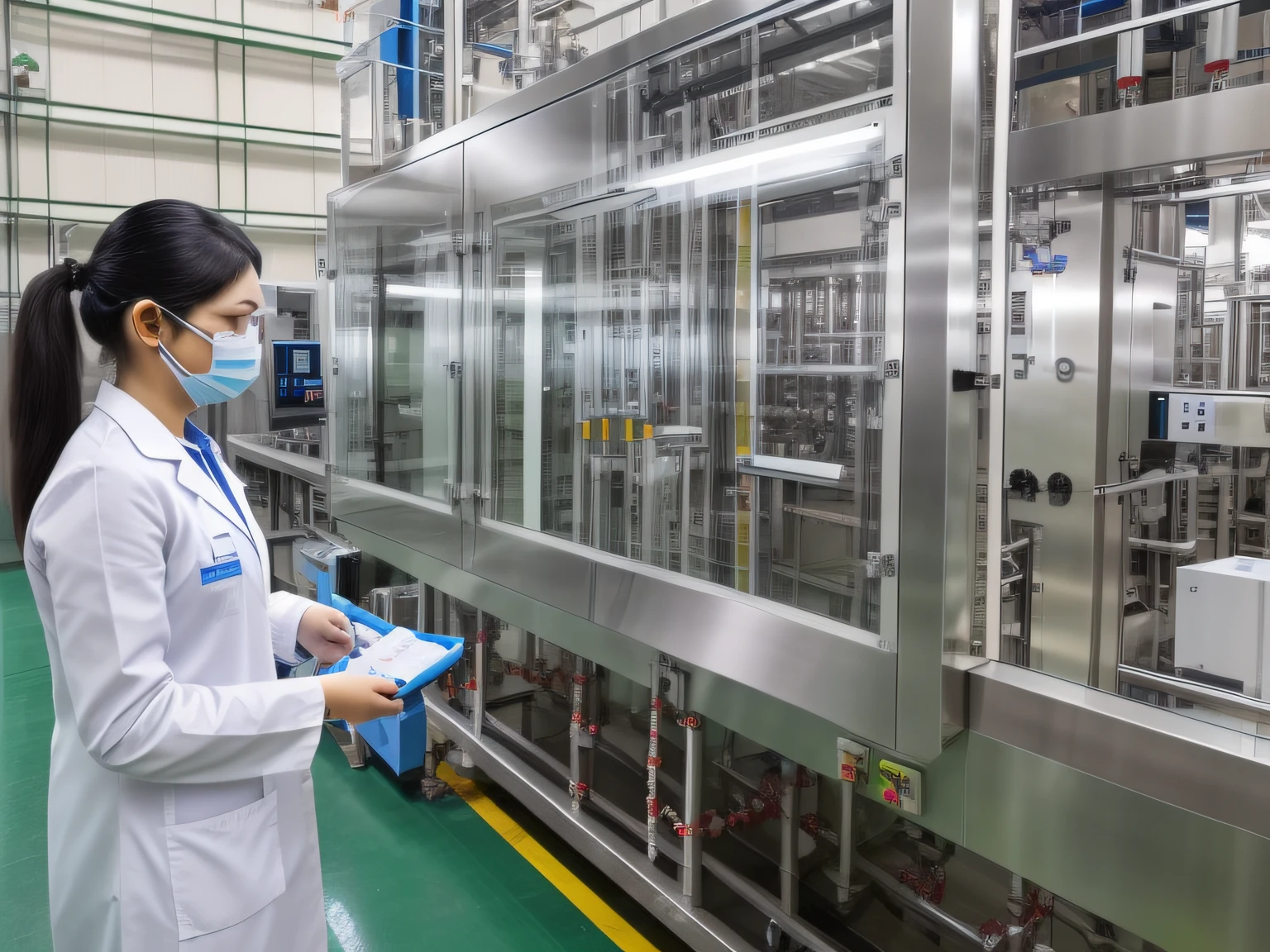 staff check Medical vials on production line at pharmaceutical factory, Pharmaceutical machine working pharmaceutical glass bottles production line,