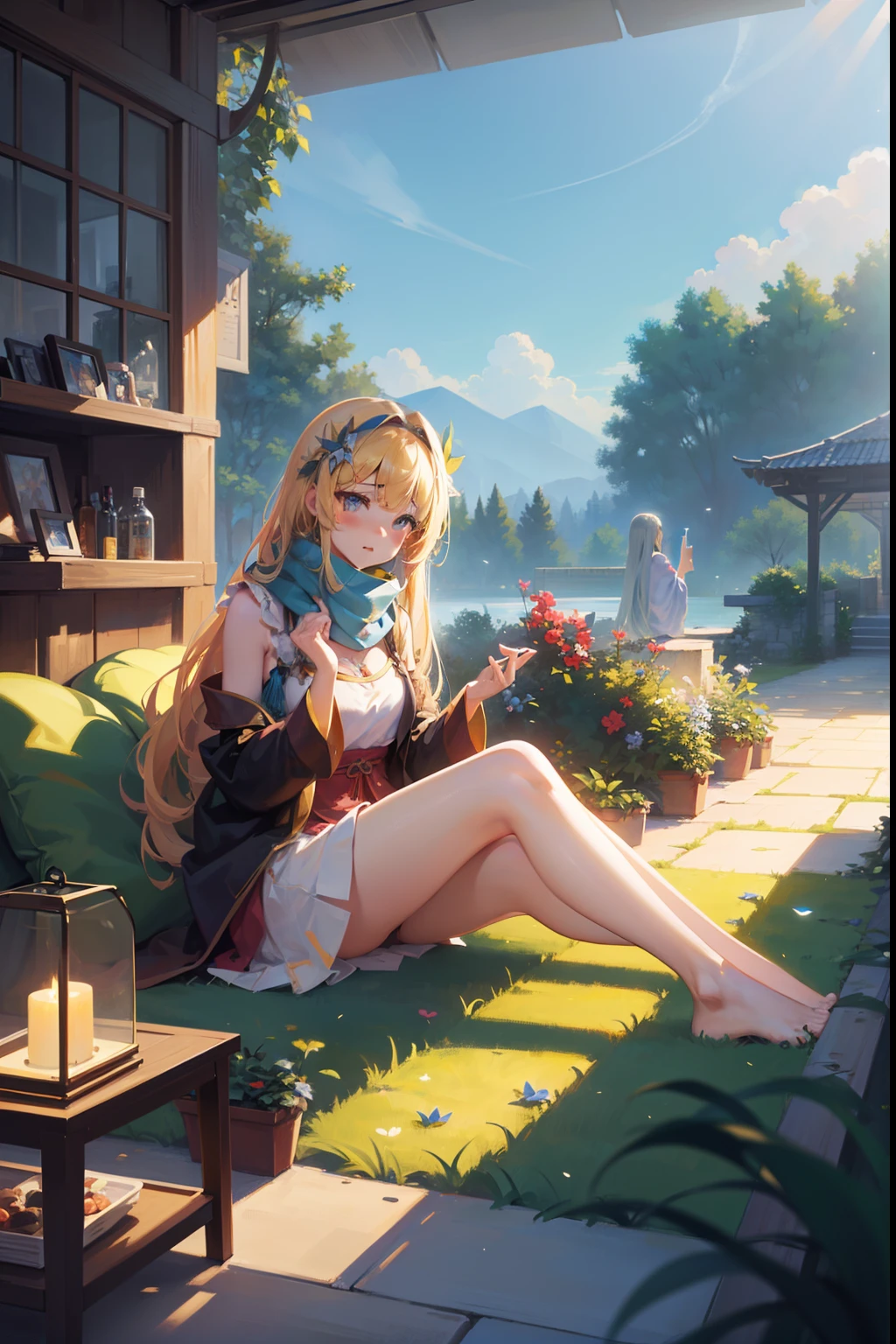 (a girl wearing a scarf, long blonde hair, tranquil gardenscapes style:1.1, colorful animation stills, masami teraoka, aquamarine, paul gauguin, Embry style, honest portrayal:1.1, best quality,4k,8k,highres,masterpiece:1.2),ultra-detailed, realistic:1.37, HDR, UHD, studio lighting, ultra-fine painting, sharp focus, physically-based rendering, extreme detail description, professional, vivid colors, bokeh, portraits, landscape, anime, photography, concept artists, aquamarine, soft and warm lighting.