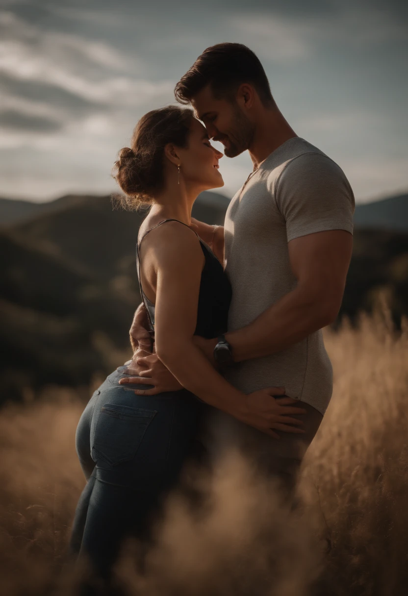 a cute couple romantic pose n and beautiful woman fit, Embraced, campo, , homens fofos, back to back, 4k, , desenho digital, animification,e, par, ilustrar