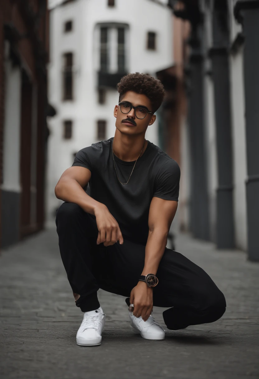 man, honey skin tone, skinny athlete physique, black slim fit shirt, baggy grey pants, black and white basketball shoes, medium size black glasses, little mustache, military low haircut, brown eyes, black bracelet, holding basketball, wearing a dark grey backpack, 18 years old