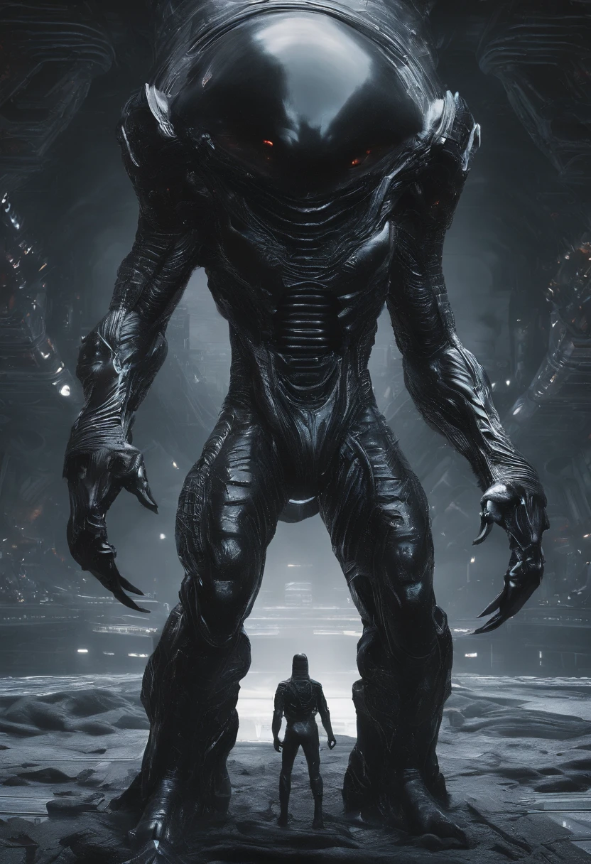 Two black alien statues standing next to each other on a dark background, Ultra Detailed Aliens, Alien Hybrid, Alien Form, Alien Design, Alien Art, Black Gloss Xenomorph, Realistic Aliens, Gray aliens, Features of exotic aliens, Art Alien, Alien features, Alien Gray, Alien Armor, prometheus alien engineering, Gray aliens, Reptilian aliens