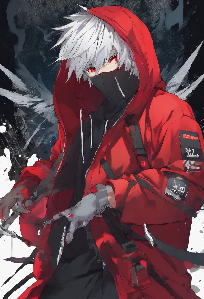 Silver Haired 18y old male with hoodie on and hood on head with red eyes and antifog mask. Hoodie is black with blood on it. He has knife in his hand