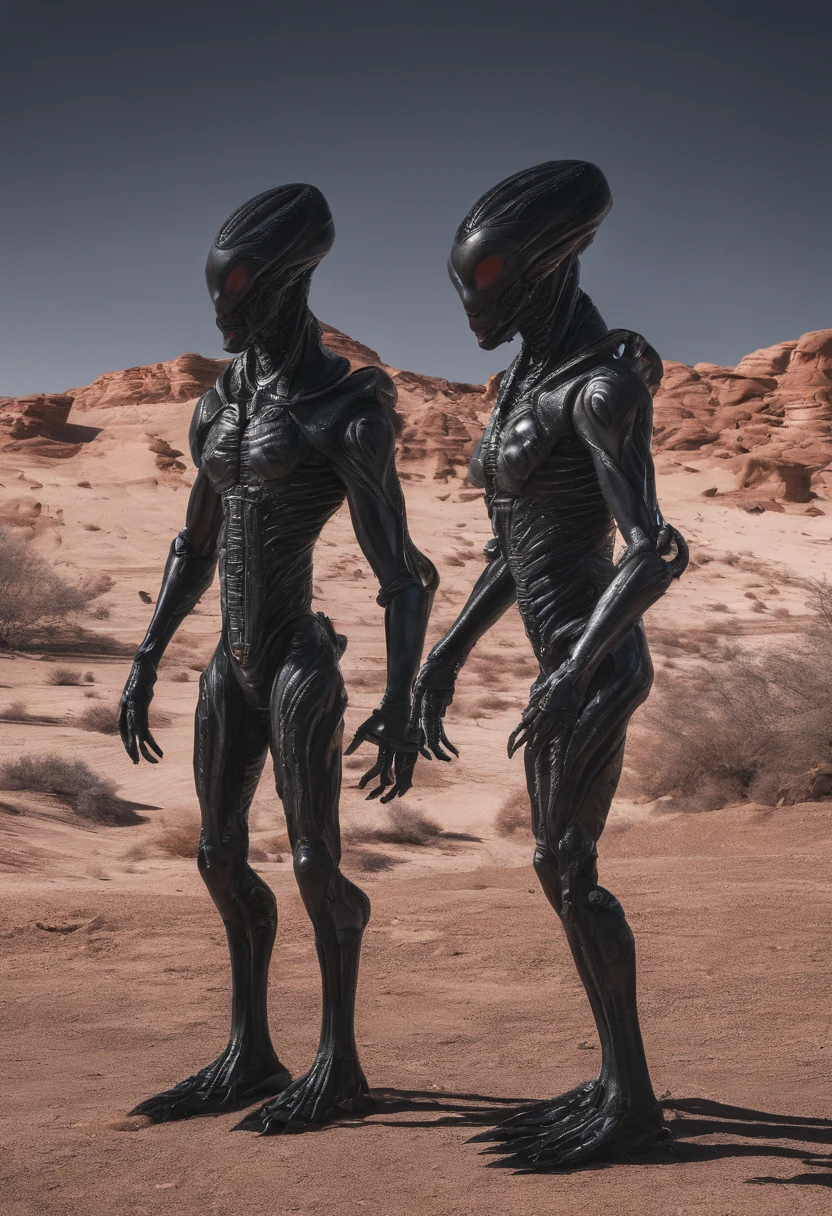 Two black alien statues standing next to each other on a dark background, Ultra Detailed Aliens, Alien Hybrid, Alien Form, Alien Design, Alien Art, Black Gloss Xenomorph, Realistic Aliens, Gray aliens, Features of exotic aliens, Art Alien, Alien features, Alien Gray, Alien Armor, prometheus alien engineering, Gray aliens, Reptilian aliens