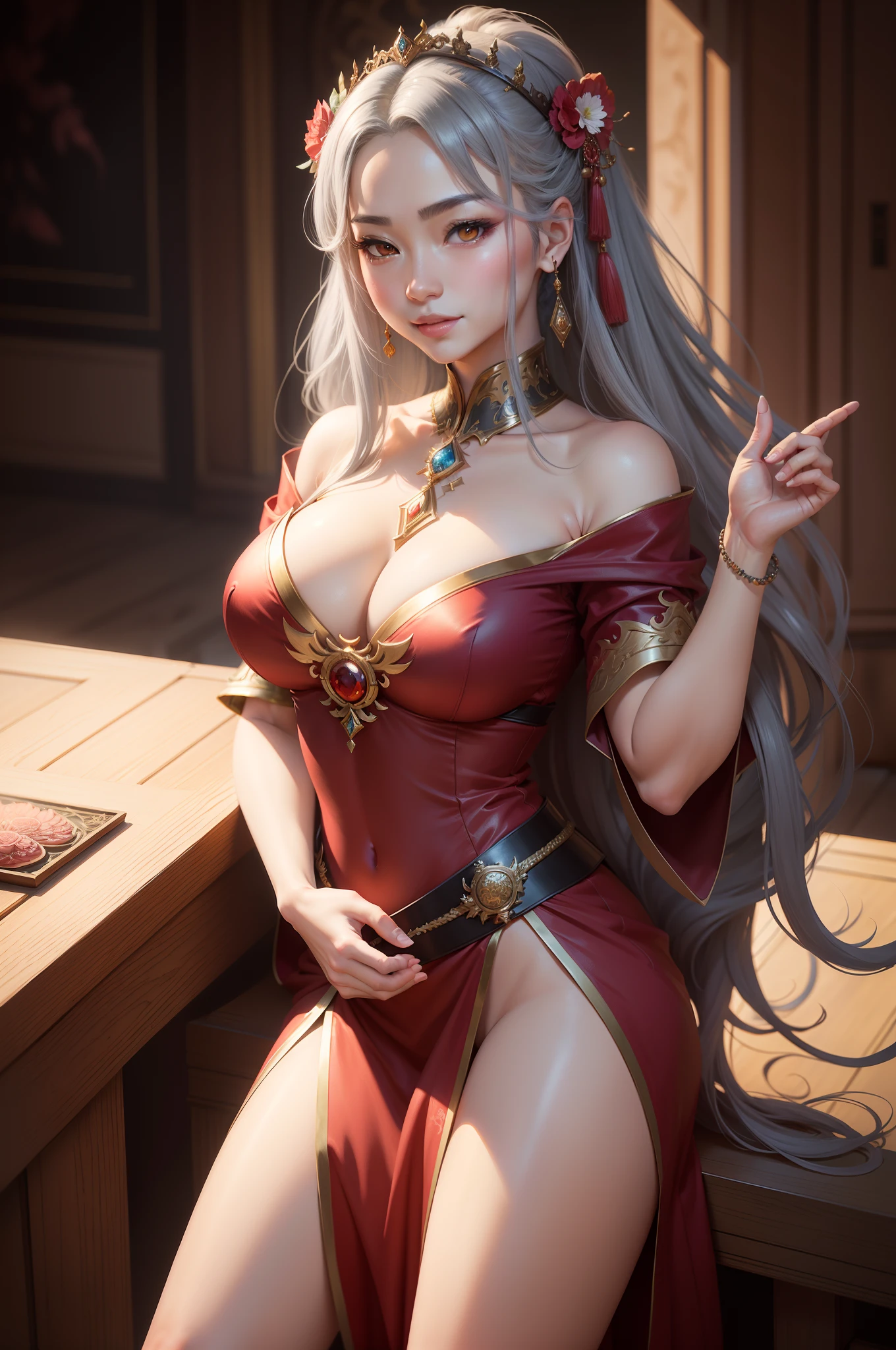 8K,Ala Fed gray haired asian woman in red dress poses for photo, goddess of Japan, a beautiful fantasy empress, Beautiful attractive anime woman,(Face like the real thing)　 Bunching up long gray hair　Golden eyes　Precise five-finger details　Tattoo on the left chest　Black hair ornament　innocent smiles　A hyper-realistic　real looking skin　Bold-hearted personality　ruan jia and artgerm, very detailed Artgerm, 8k high quality detailed art, palatial palace ，Beautiful expression　超A high resolution, Trending on CGSTATION, seductive anime, wlop and ArtGerm　Smile with your mouth wide open
